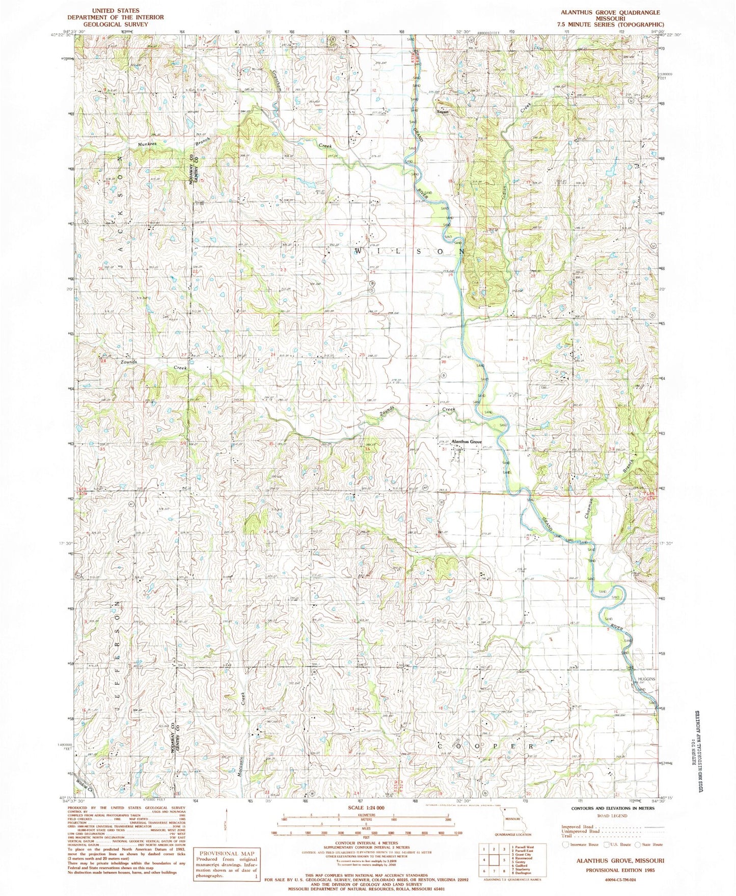Classic USGS Alanthus Grove Missouri 7.5'x7.5' Topo Map Image