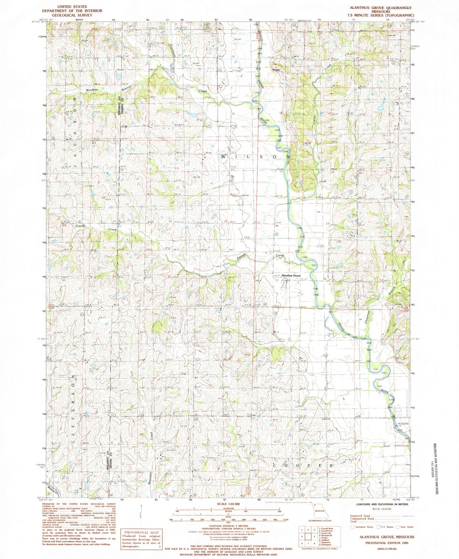 Classic USGS Alanthus Grove Missouri 7.5'x7.5' Topo Map Image