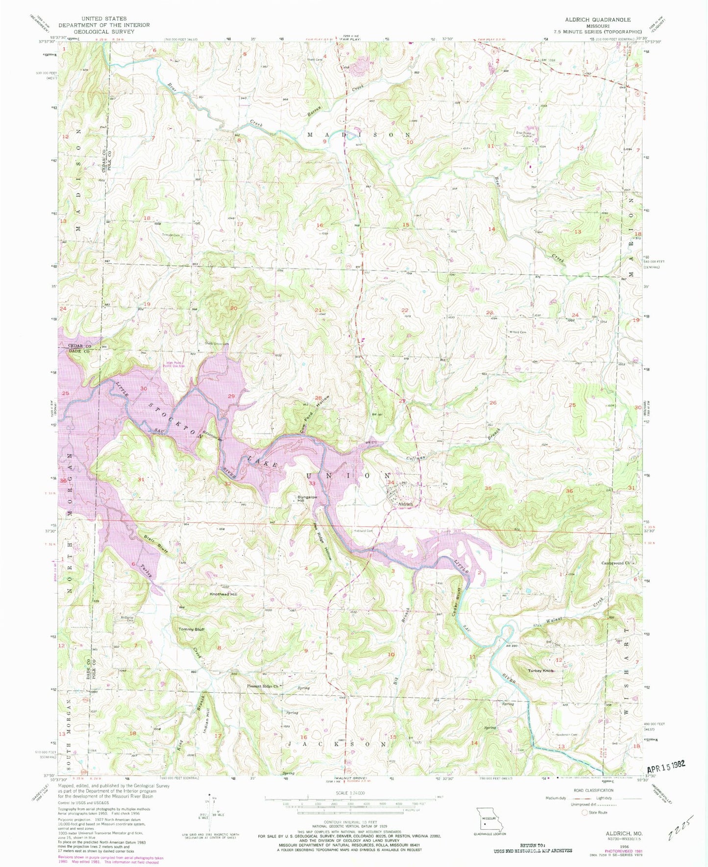 Classic USGS Aldrich Missouri 7.5'x7.5' Topo Map Image