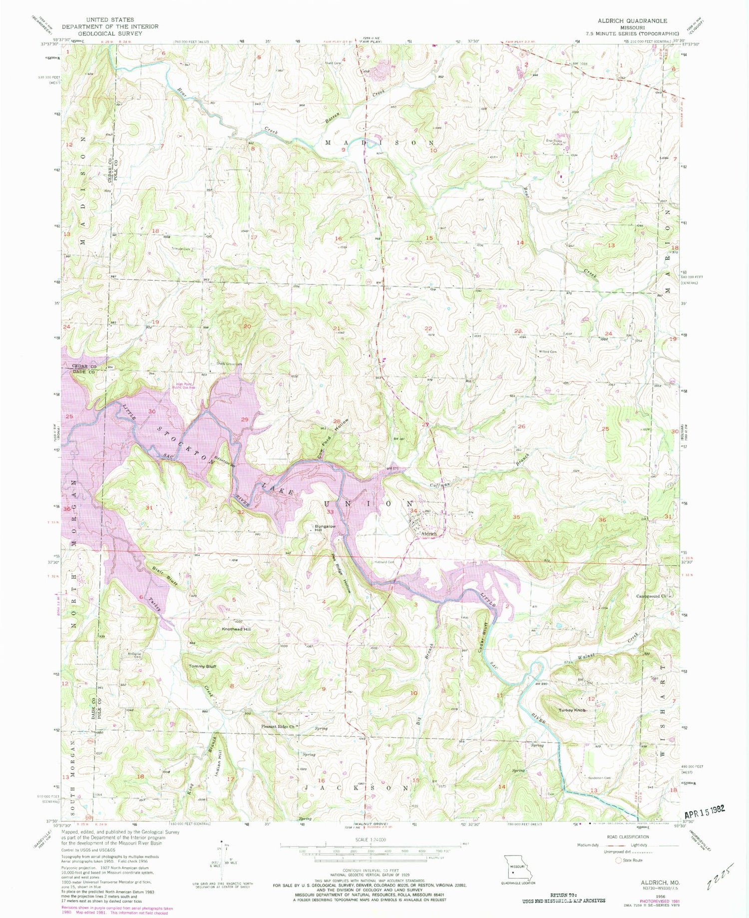 Classic USGS Aldrich Missouri 7.5'x7.5' Topo Map Image