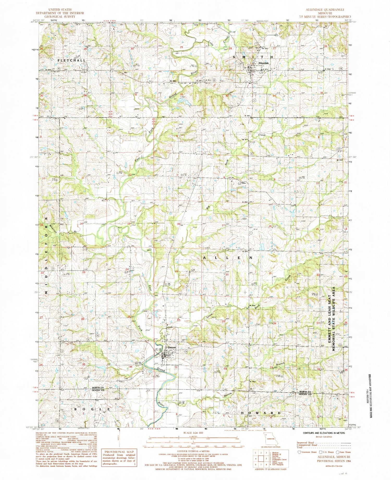Classic USGS Allendale Missouri 7.5'x7.5' Topo Map Image