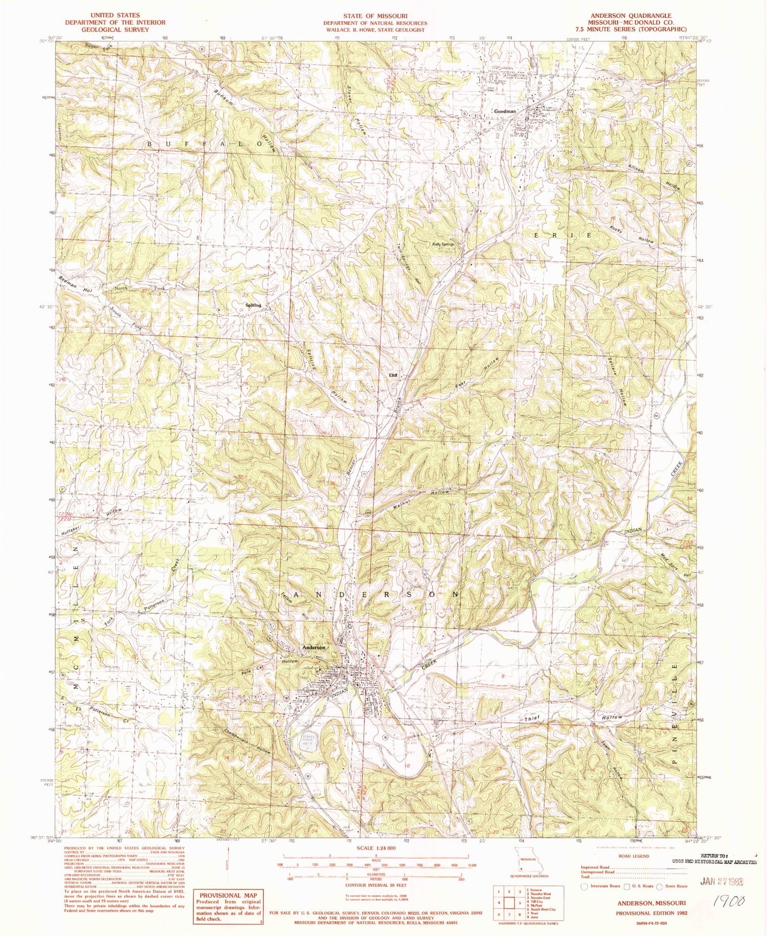 Classic USGS Anderson Missouri 7.5'x7.5' Topo Map Image