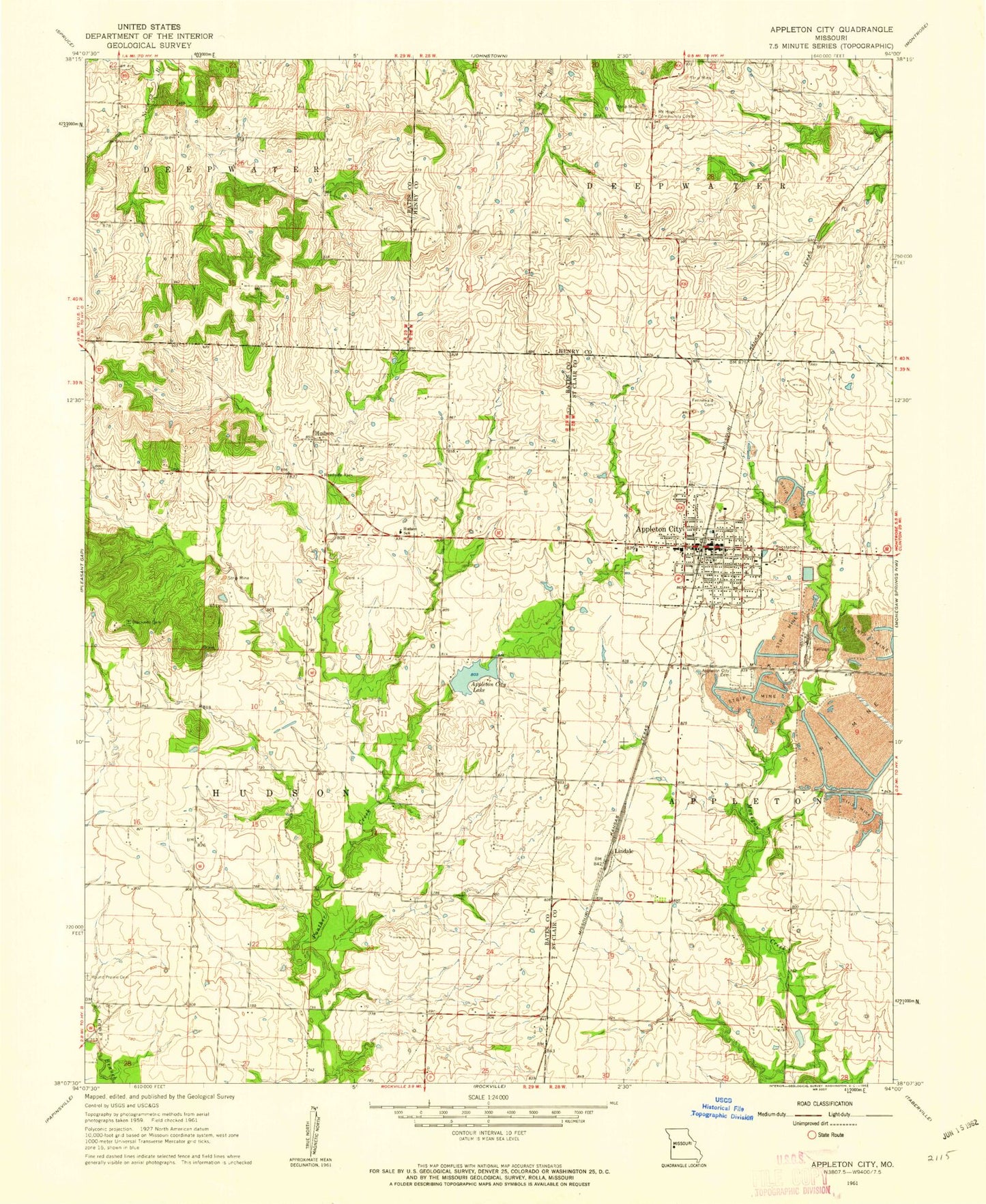 Classic USGS Appleton City Missouri 7.5'x7.5' Topo Map Image