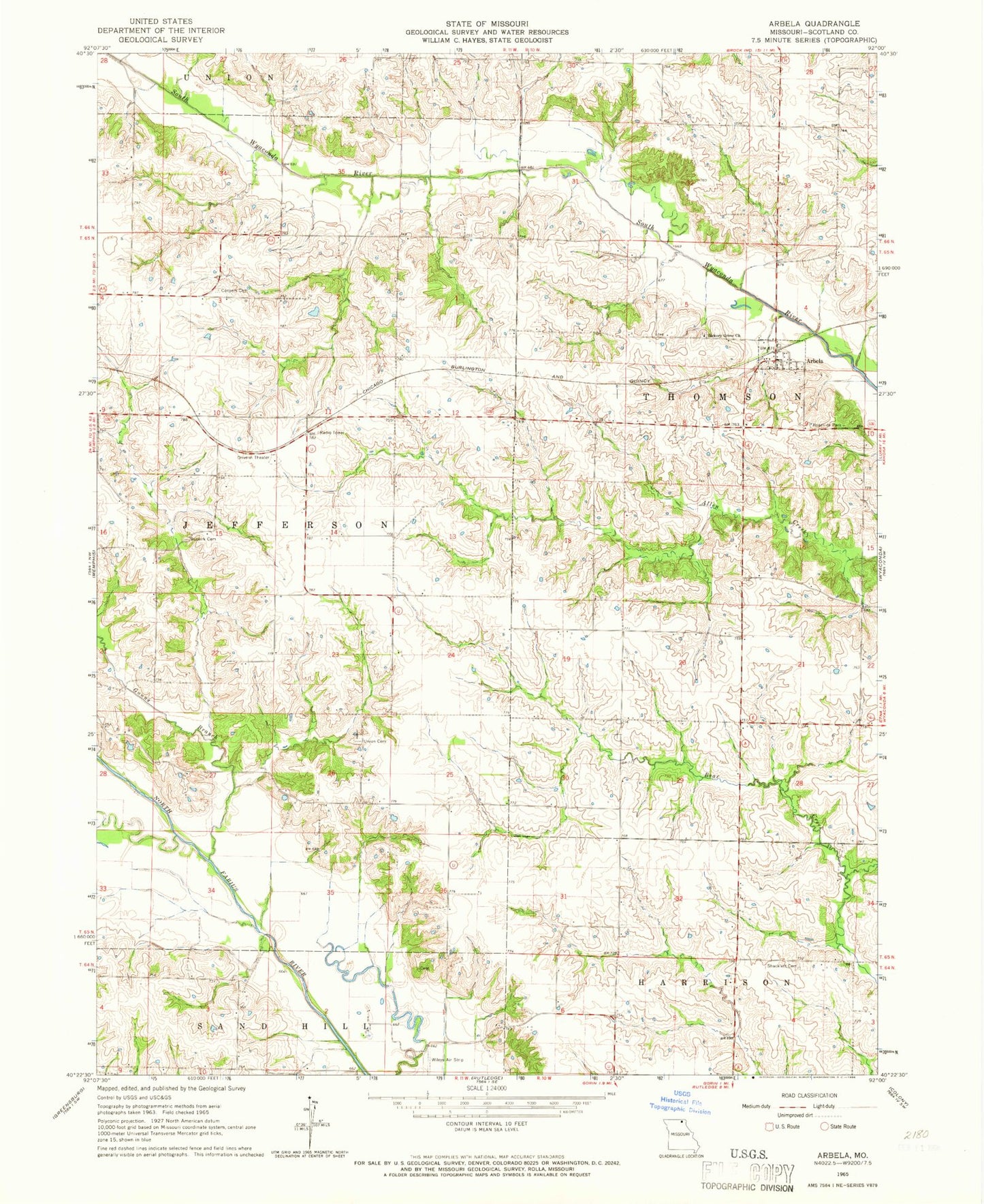 Classic USGS Arbela Missouri 7.5'x7.5' Topo Map Image
