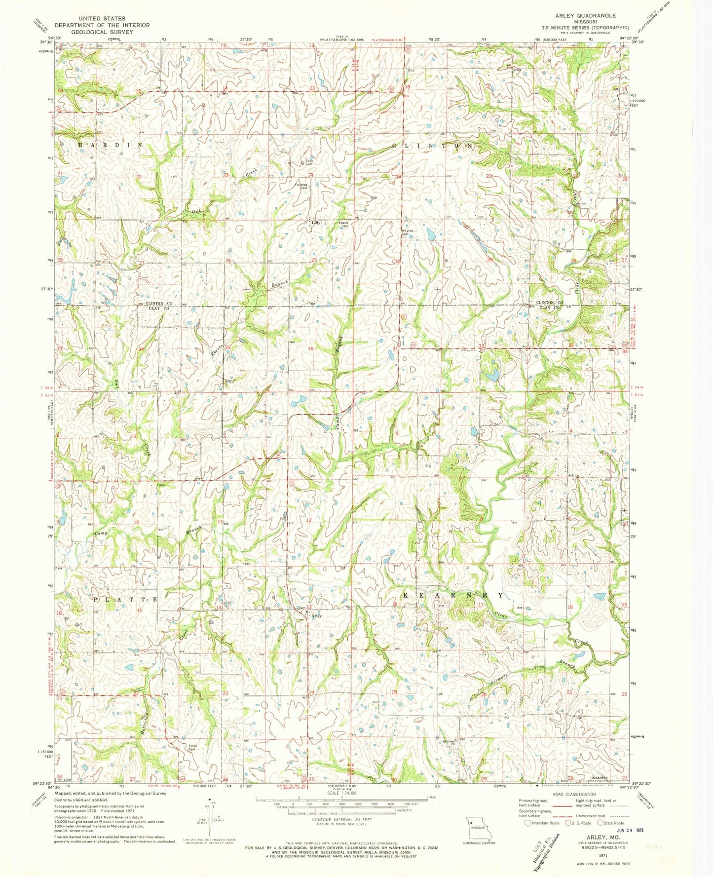 Classic USGS Arley Missouri 7.5'x7.5' Topo Map Image