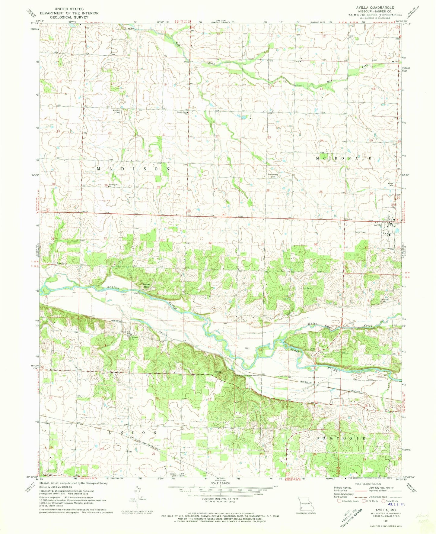 Classic USGS Avilla Missouri 7.5'x7.5' Topo Map Image