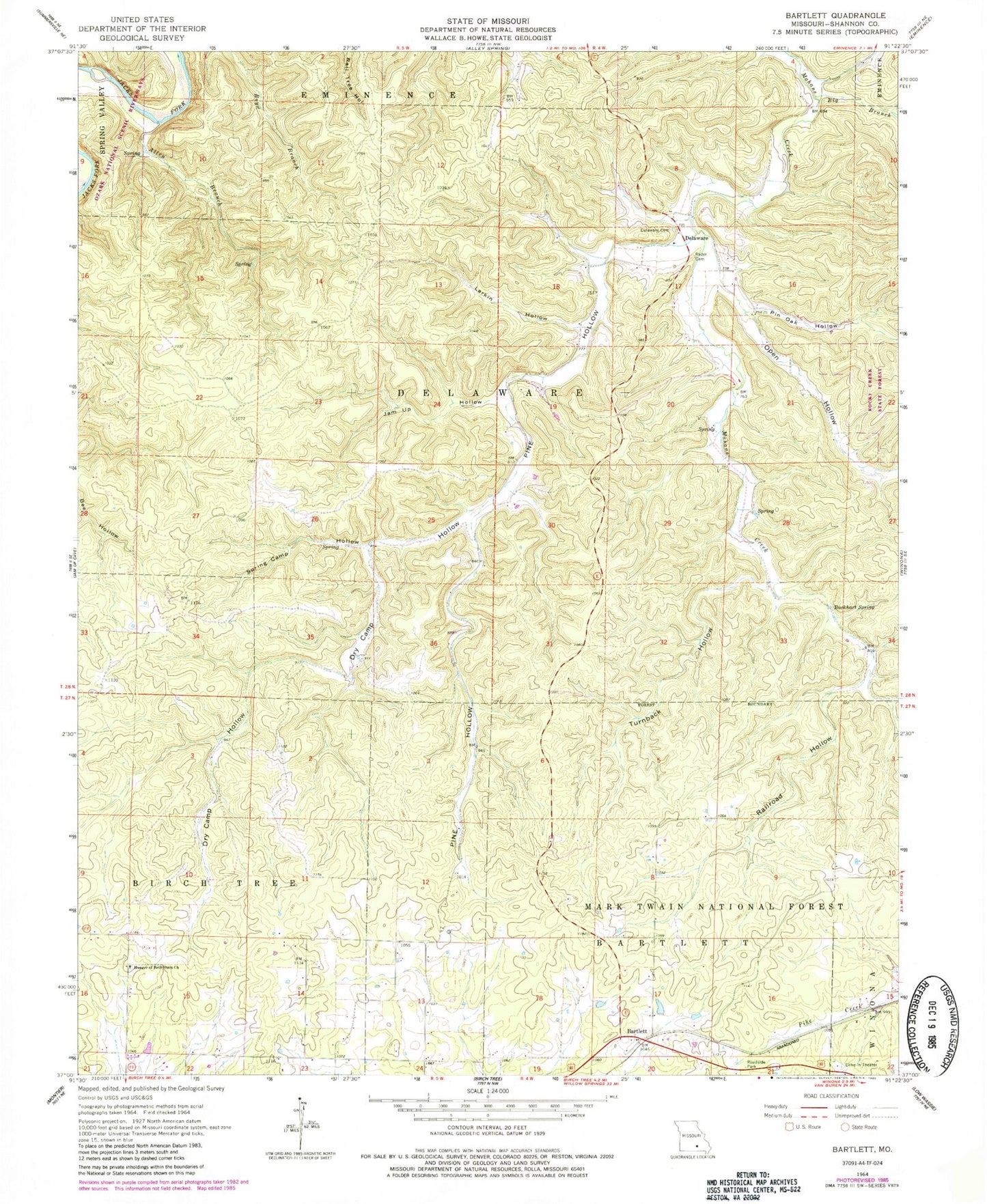 Classic USGS Bartlett Missouri 7.5'x7.5' Topo Map Image