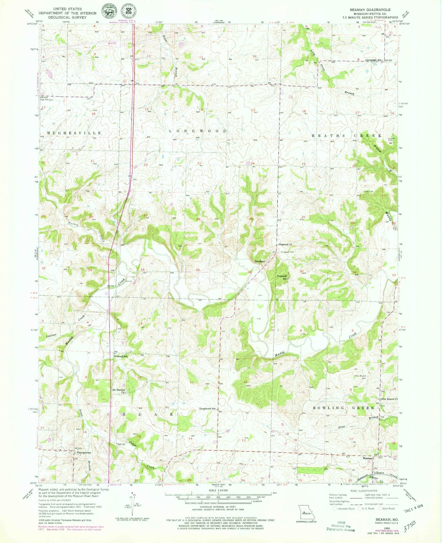 Classic USGS Beaman Missouri 7.5'x7.5' Topo Map Image