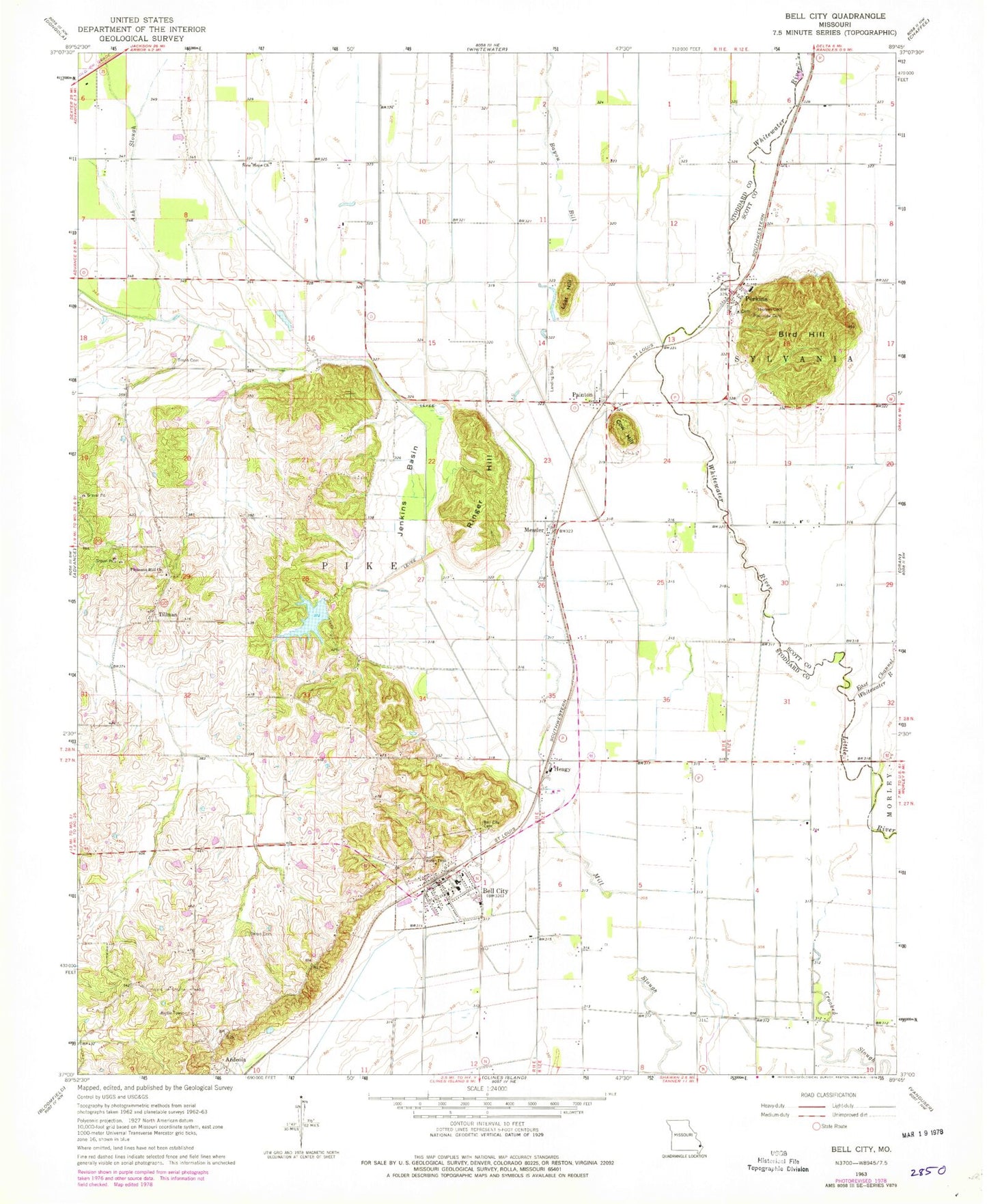 Classic USGS Bell City Missouri 7.5'x7.5' Topo Map Image