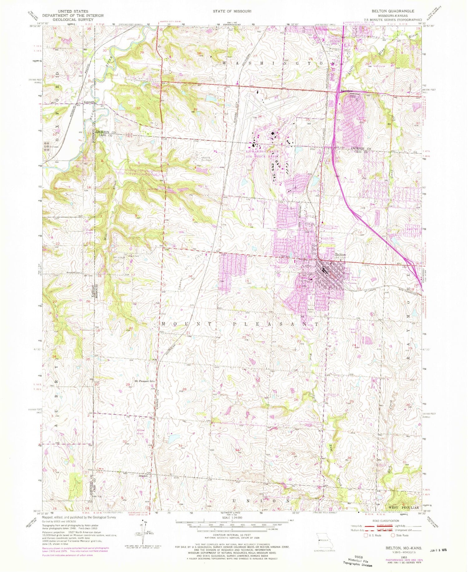 Classic USGS Belton Missouri 7.5'x7.5' Topo Map Image