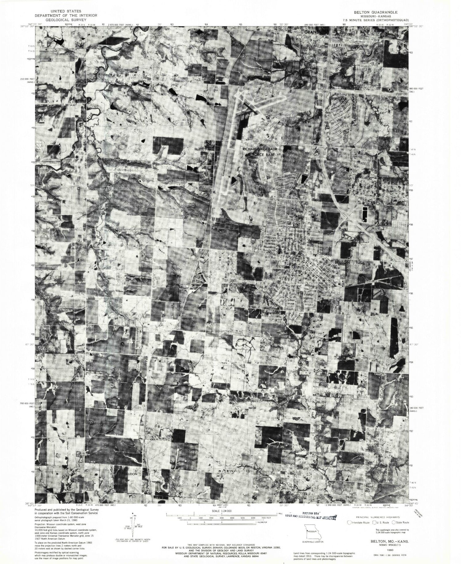 Classic USGS Belton Missouri 7.5'x7.5' Topo Map Image