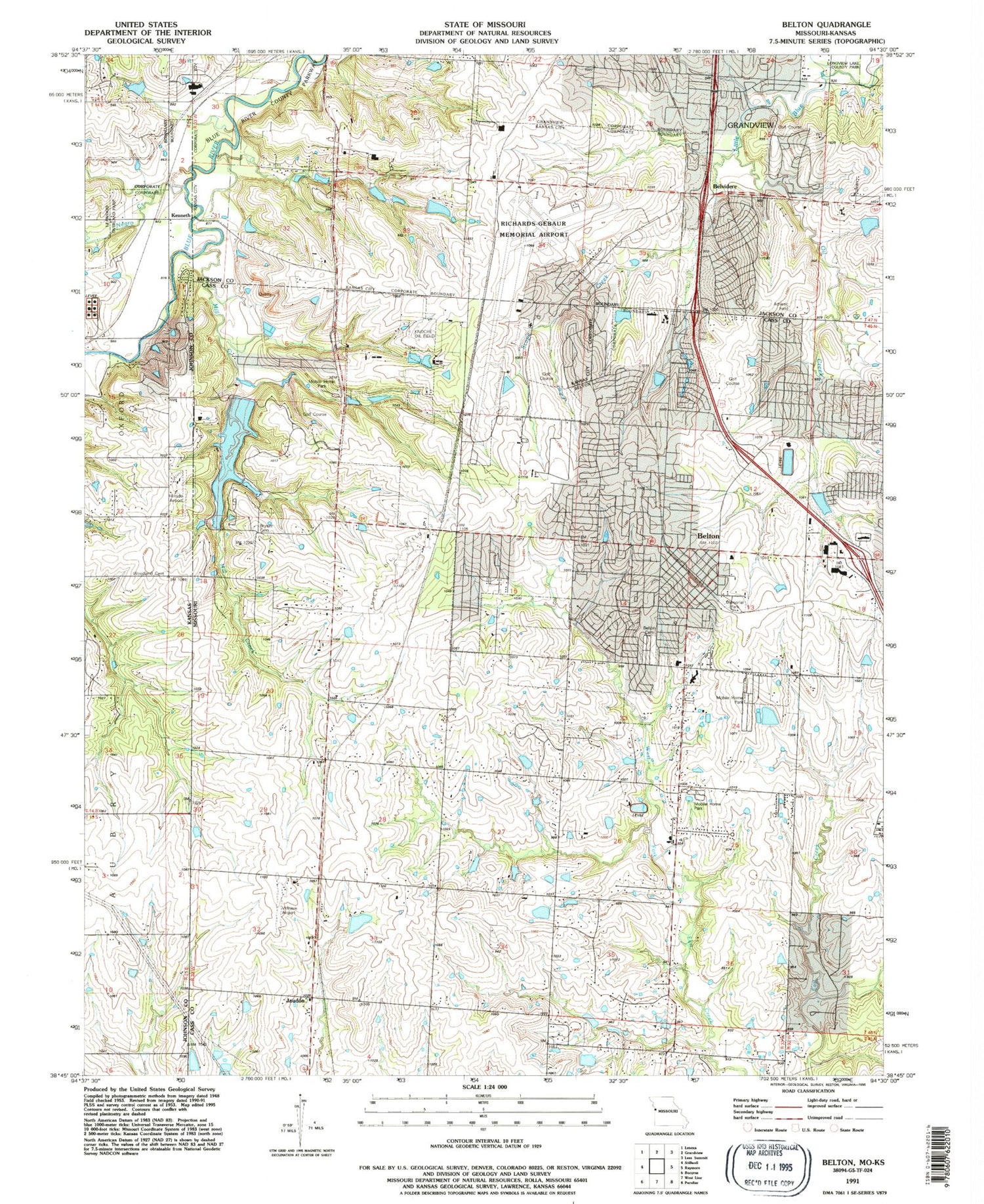 Classic USGS Belton Missouri 7.5'x7.5' Topo Map Image