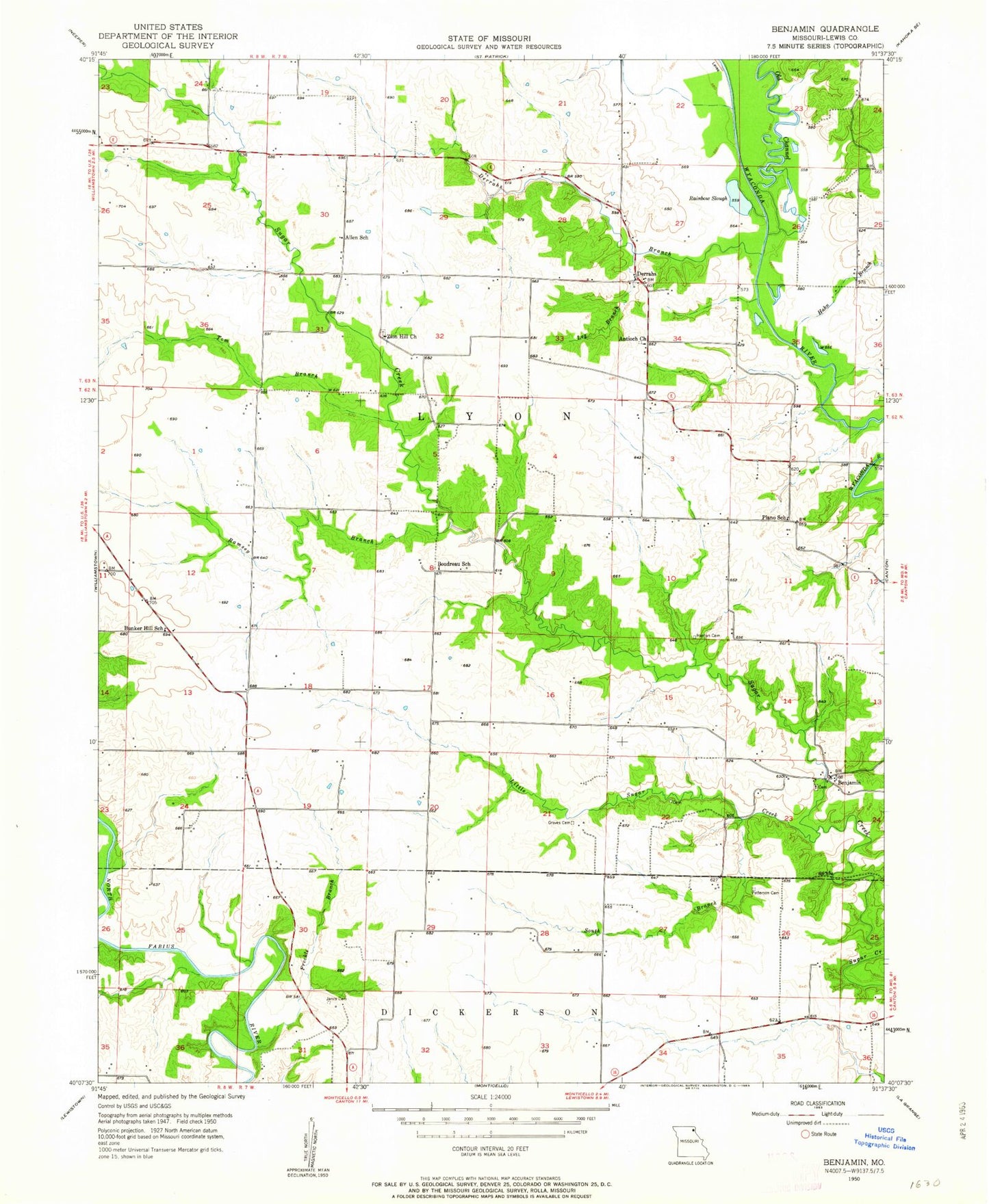 Classic USGS Benjamin Missouri 7.5'x7.5' Topo Map Image