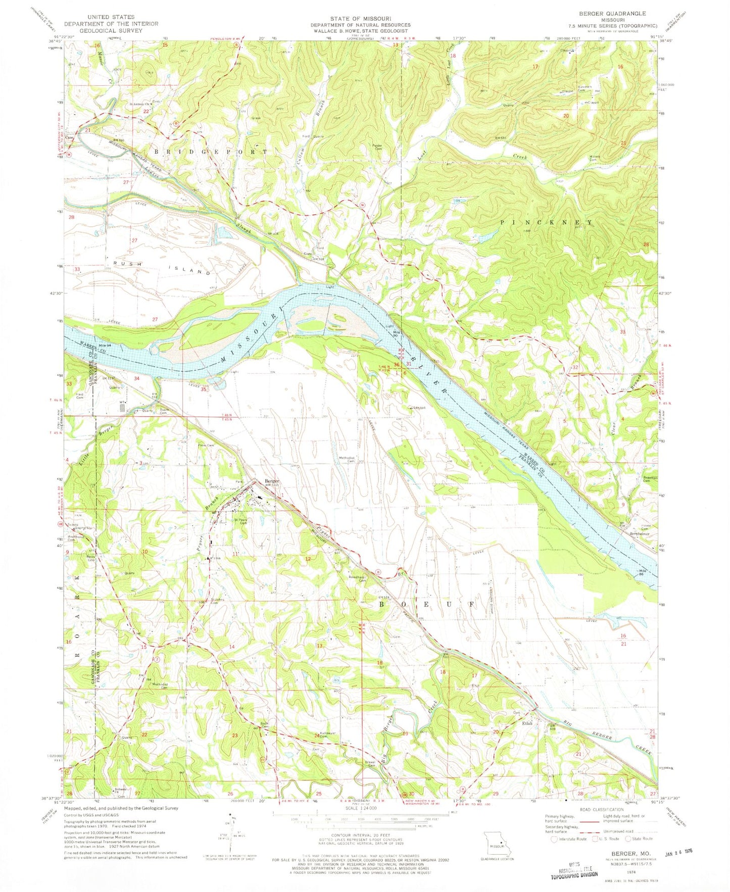 Classic USGS Berger Missouri 7.5'x7.5' Topo Map Image