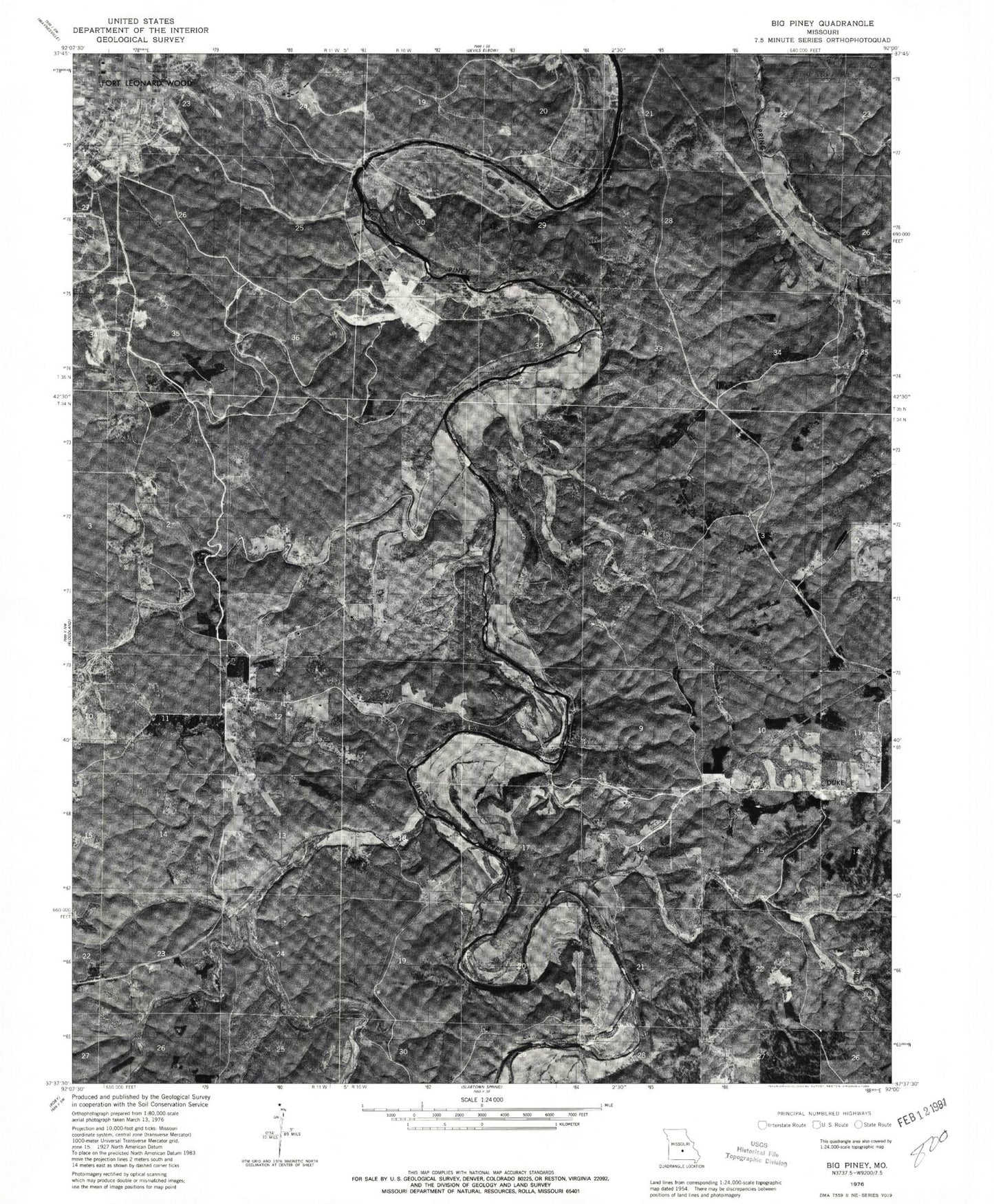 Classic USGS Big Piney Missouri 7.5'x7.5' Topo Map Image