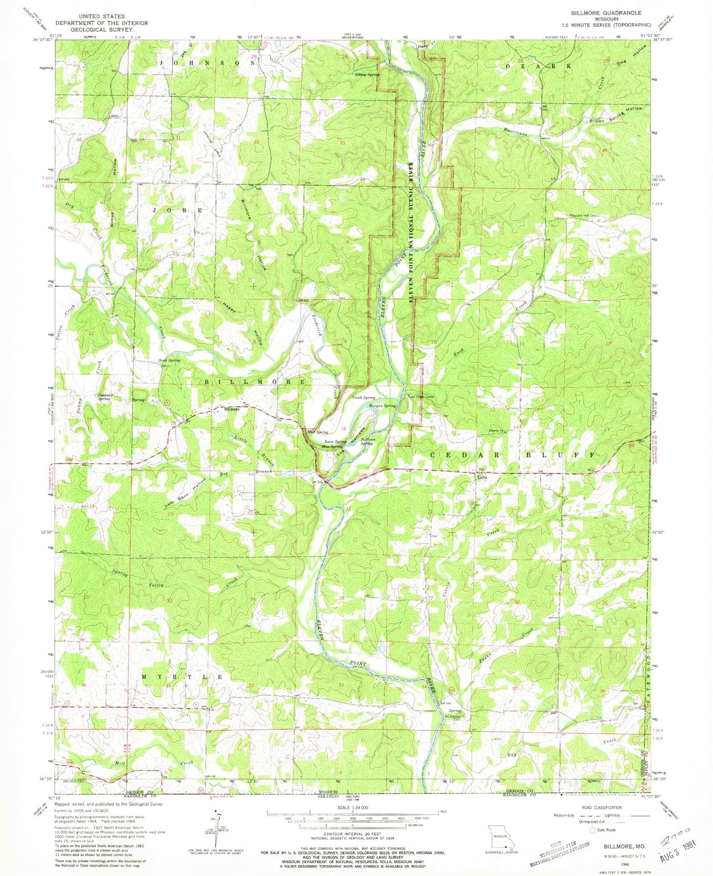 Classic USGS Billmore Missouri 7.5'x7.5' Topo Map Image