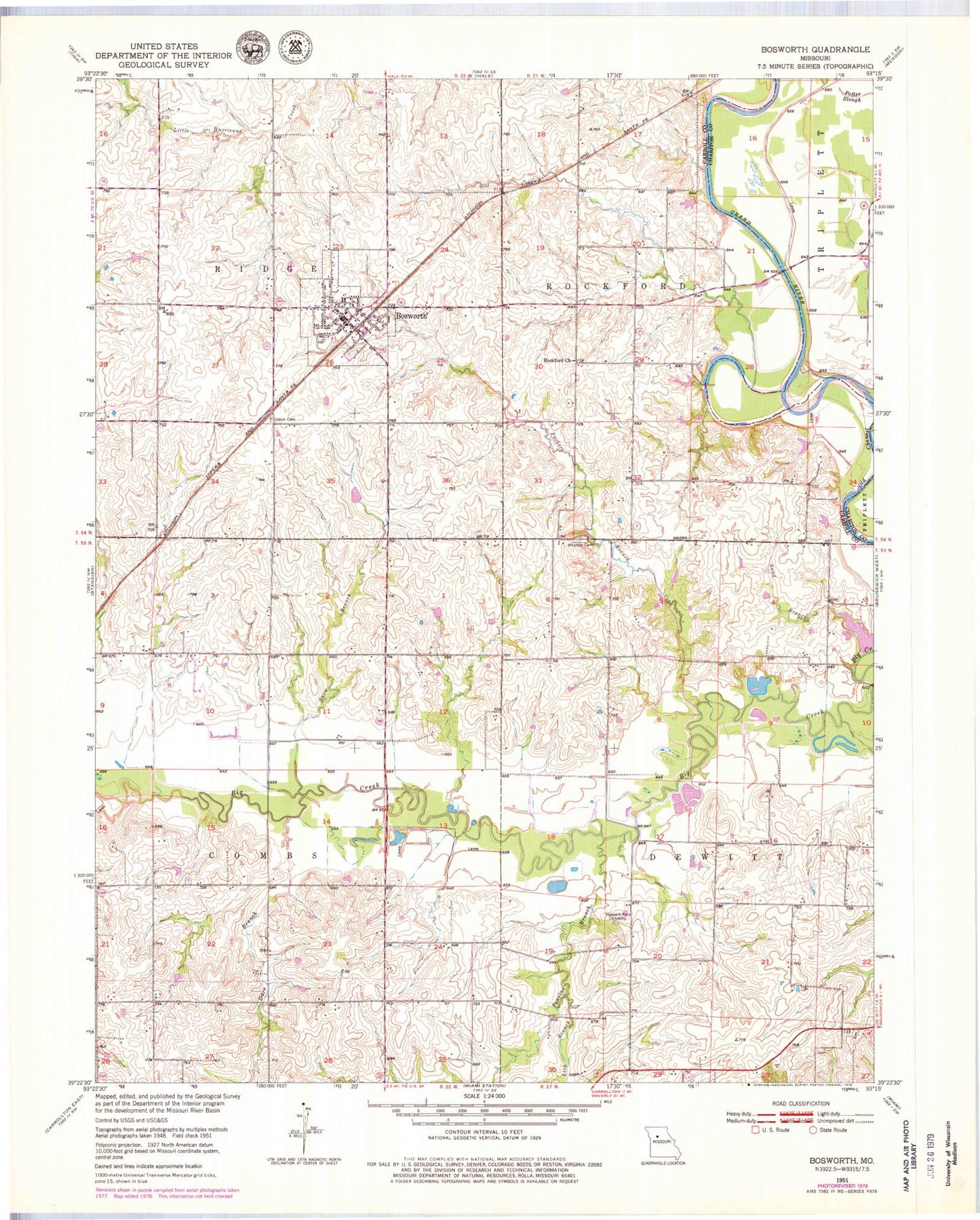 Classic USGS Bosworth Missouri 7.5'x7.5' Topo Map Image