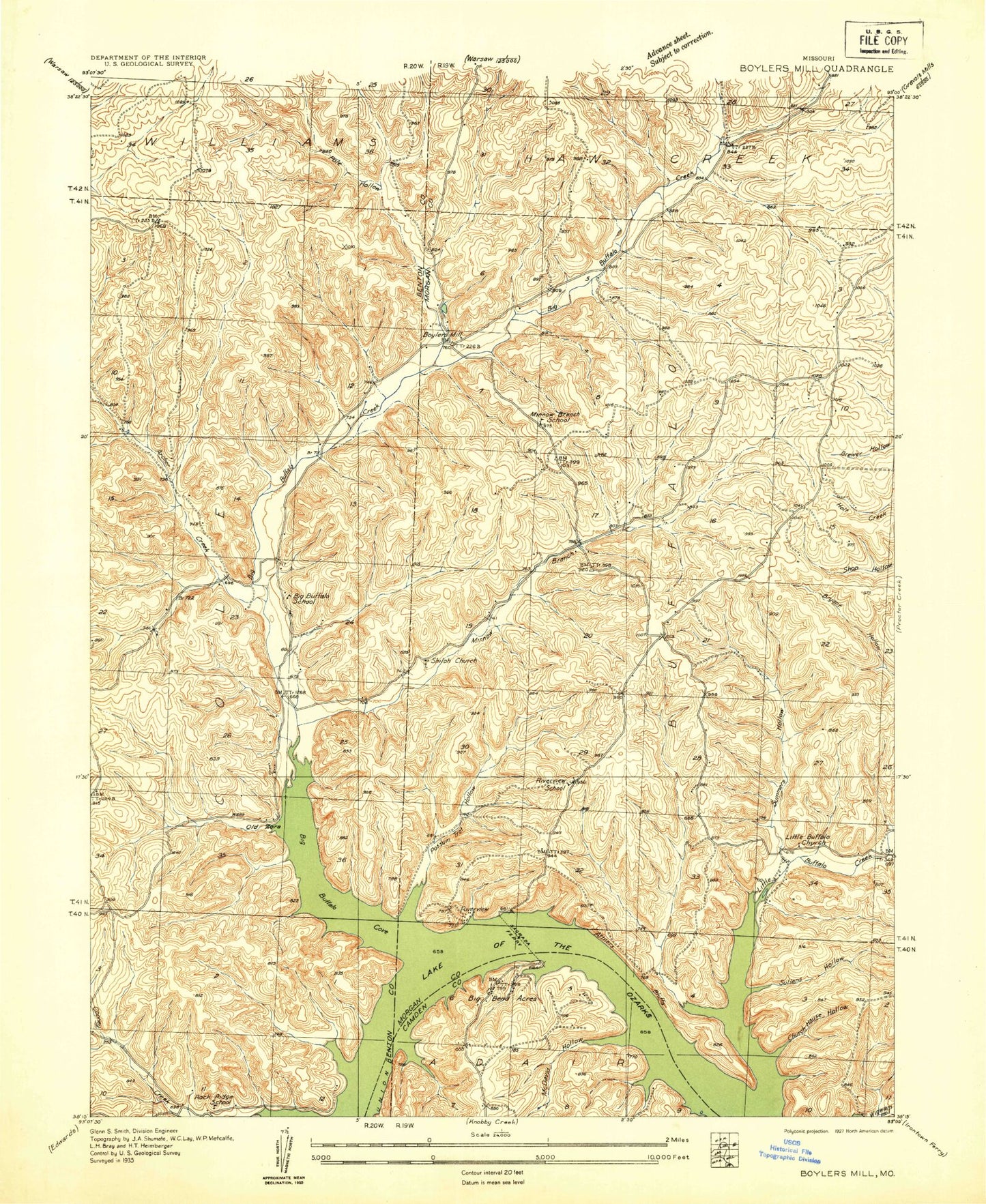Classic USGS Boylers Mill Missouri 7.5'x7.5' Topo Map Image