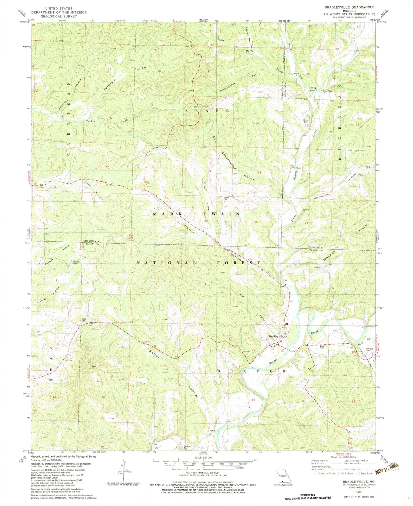 Classic USGS Bradleyville Missouri 7.5'x7.5' Topo Map Image