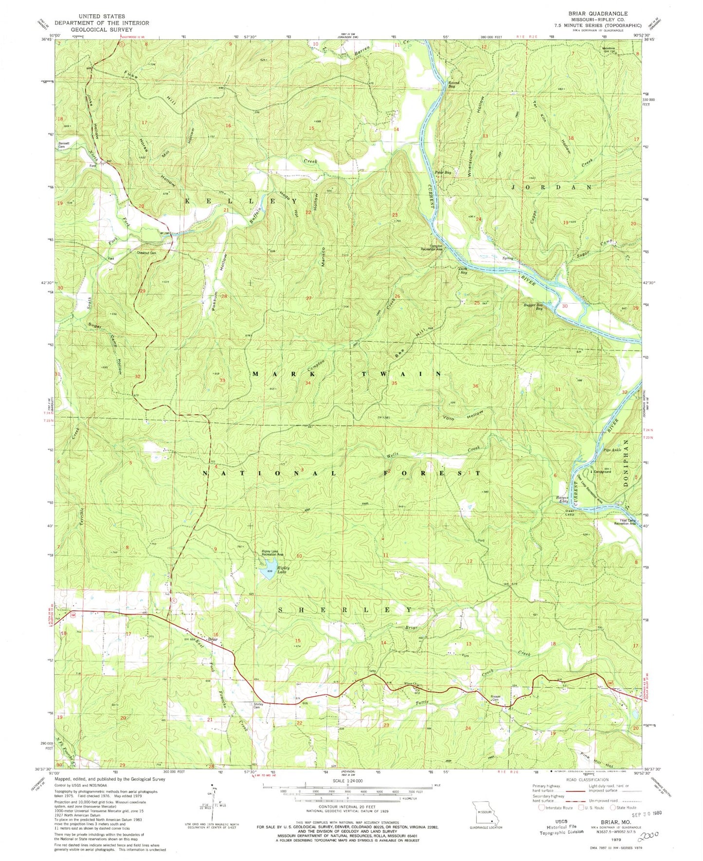 Classic USGS Briar Missouri 7.5'x7.5' Topo Map Image