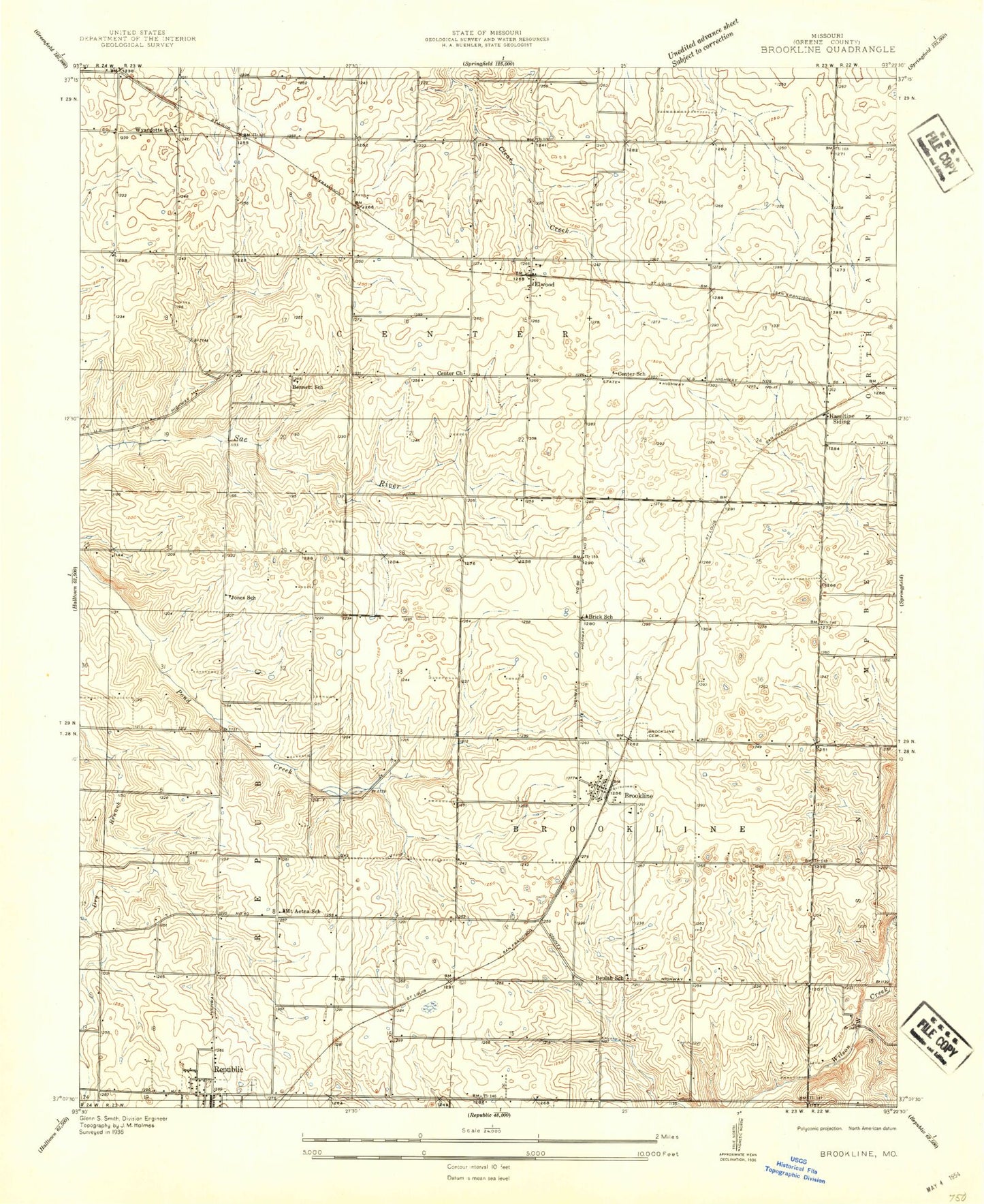 Classic USGS Brookline Missouri 7.5'x7.5' Topo Map Image