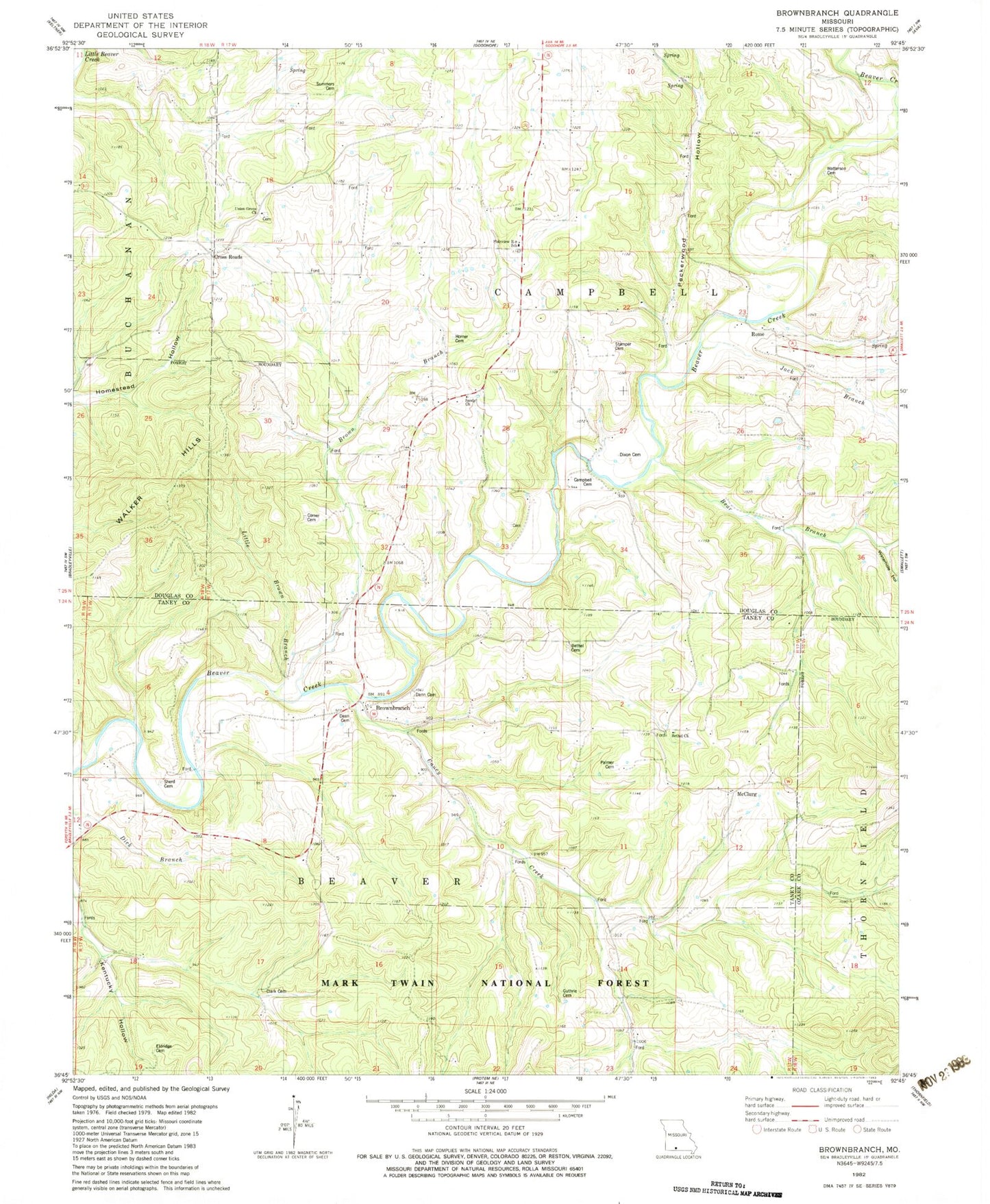Classic USGS Brownbranch Missouri 7.5'x7.5' Topo Map Image