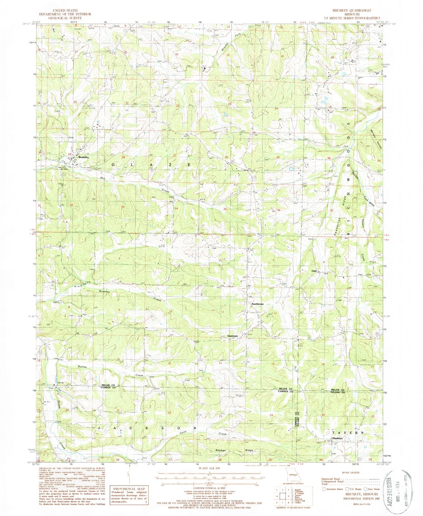 Classic USGS Brumley Missouri 7.5'x7.5' Topo Map Image