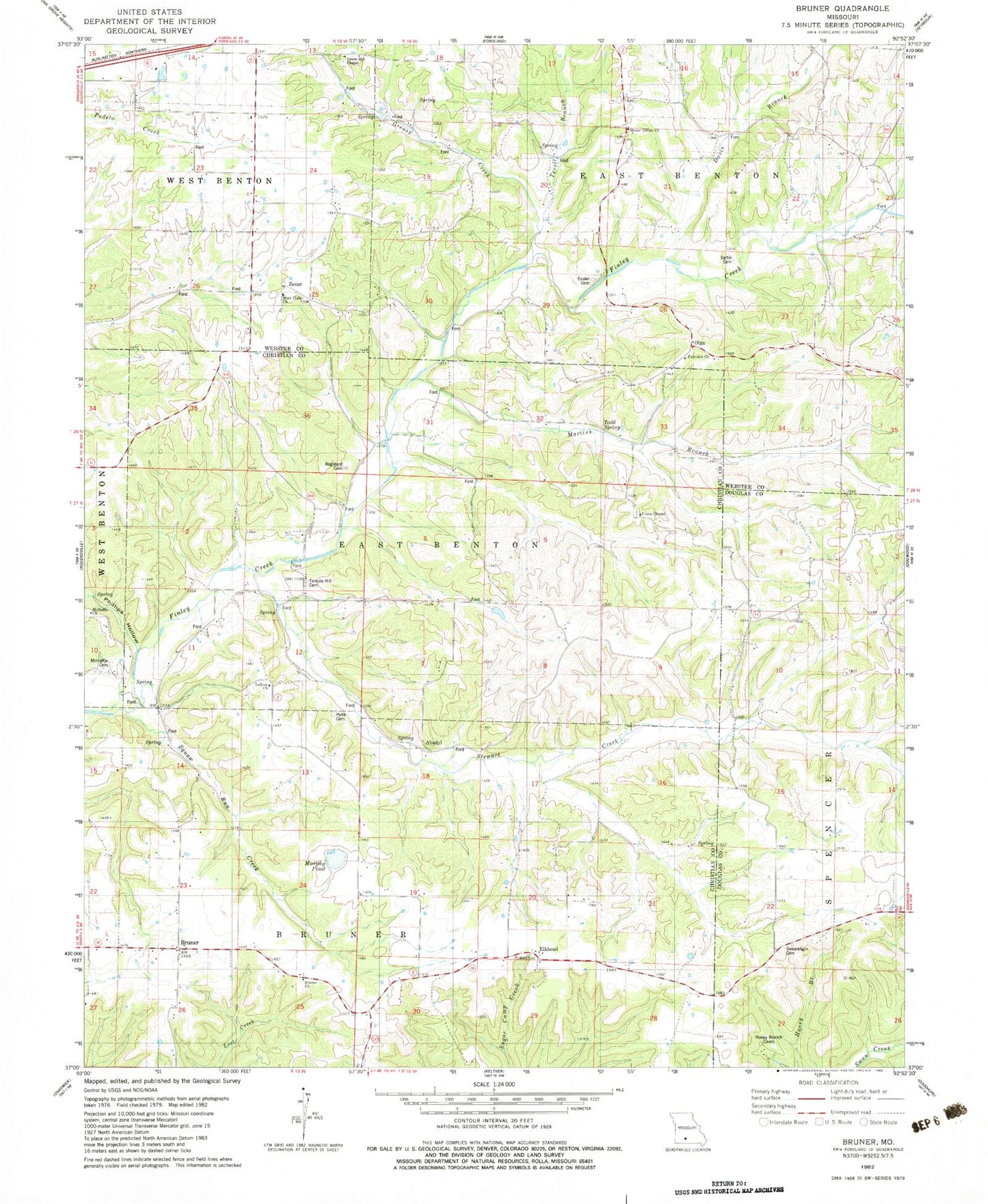 Classic USGS Bruner Missouri 7.5'x7.5' Topo Map Image