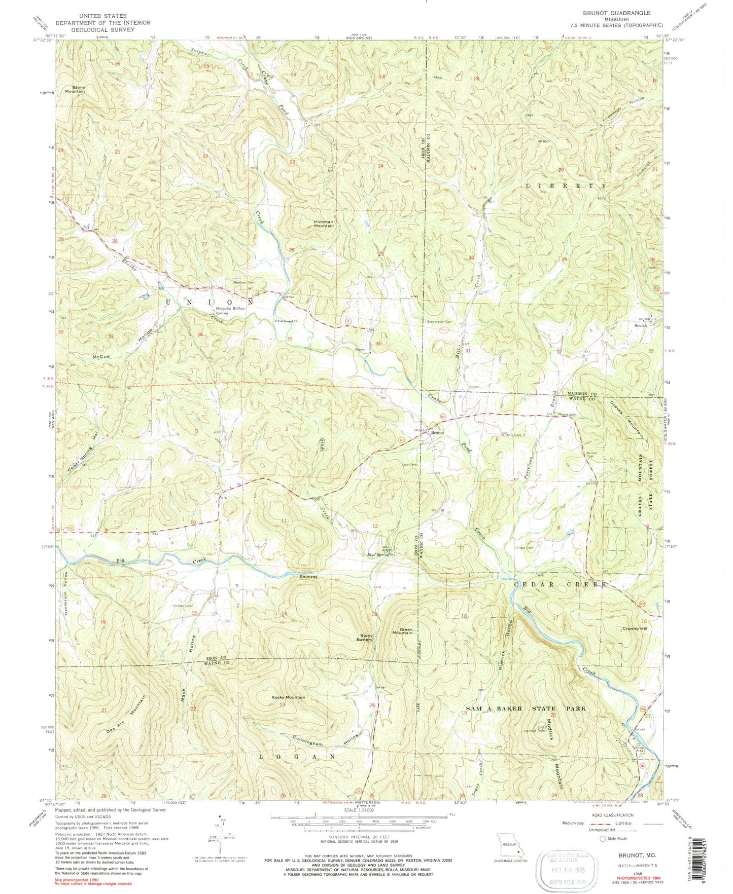Classic USGS Brunot Missouri 7.5'x7.5' Topo Map Image