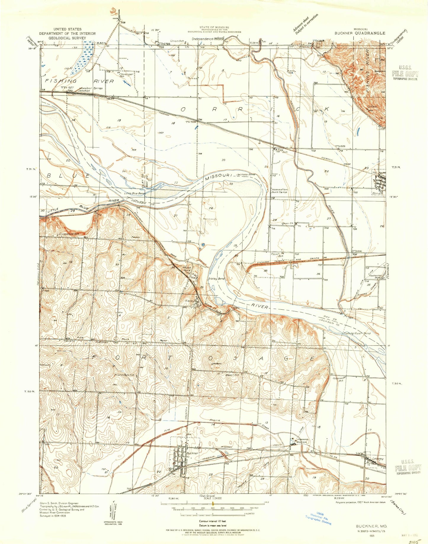 Classic USGS Buckner Missouri 7.5'x7.5' Topo Map Image