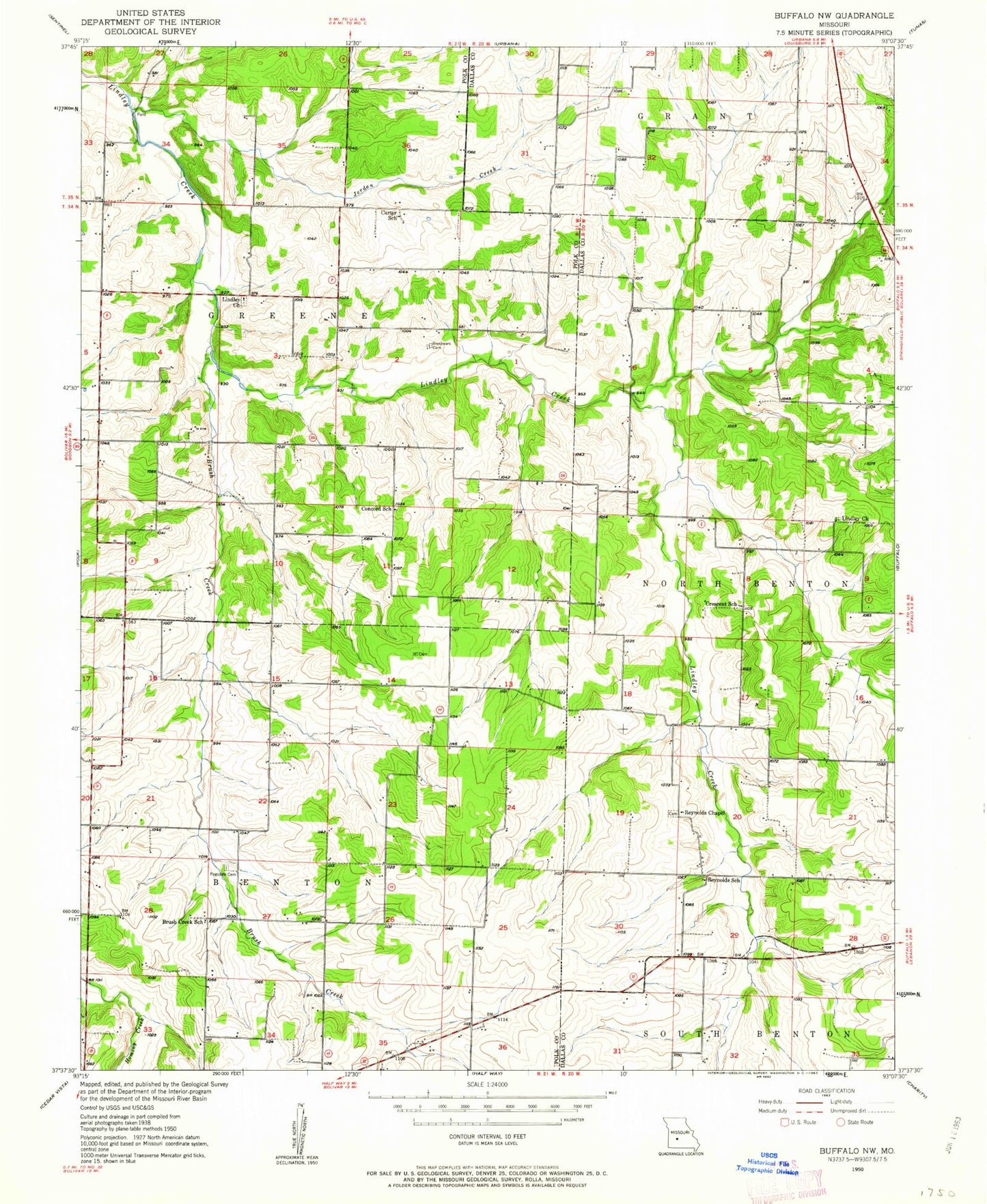 Classic USGS Buffalo NW Missouri 7.5'x7.5' Topo Map Image