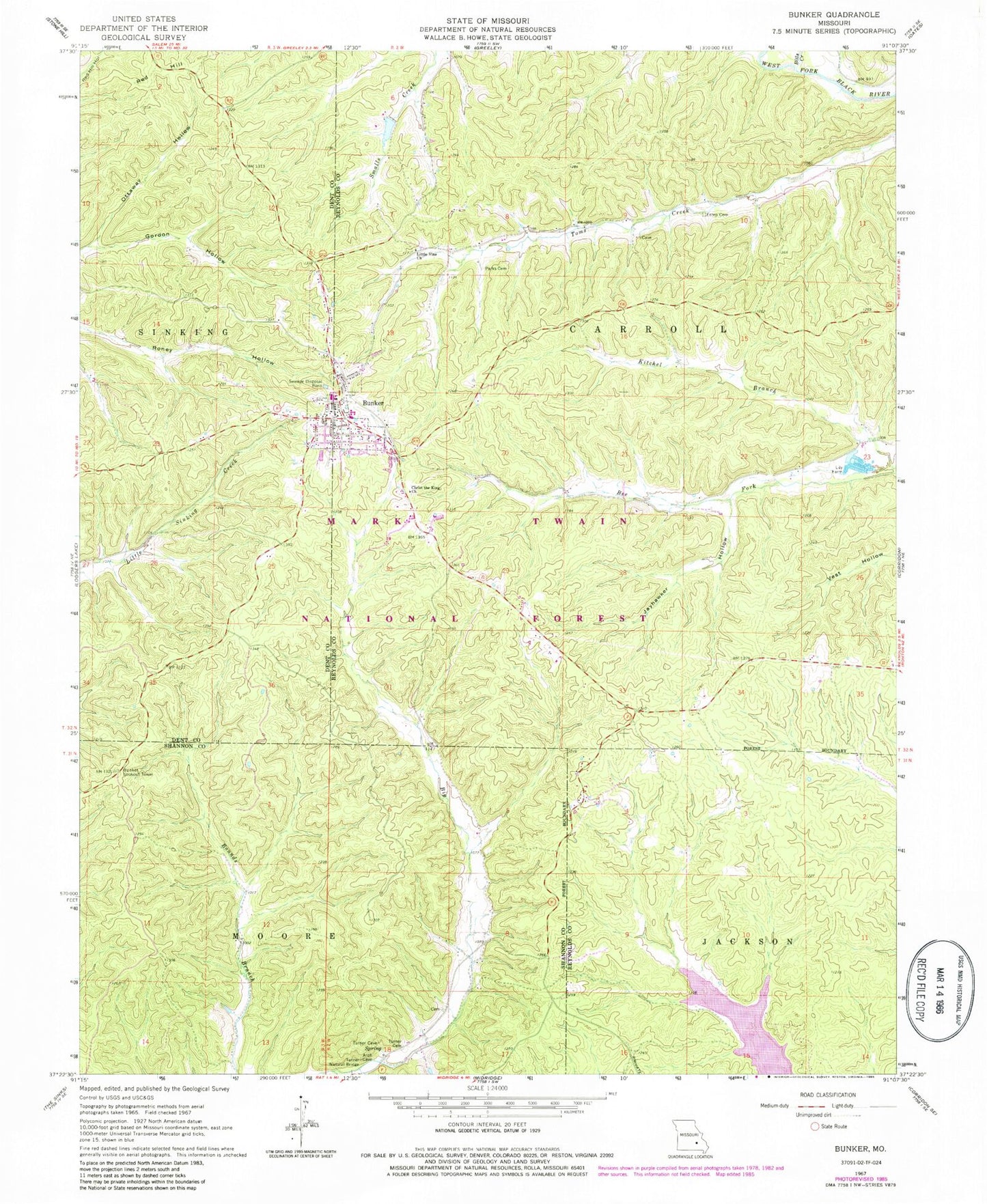 Classic USGS Bunker Missouri 7.5'x7.5' Topo Map Image