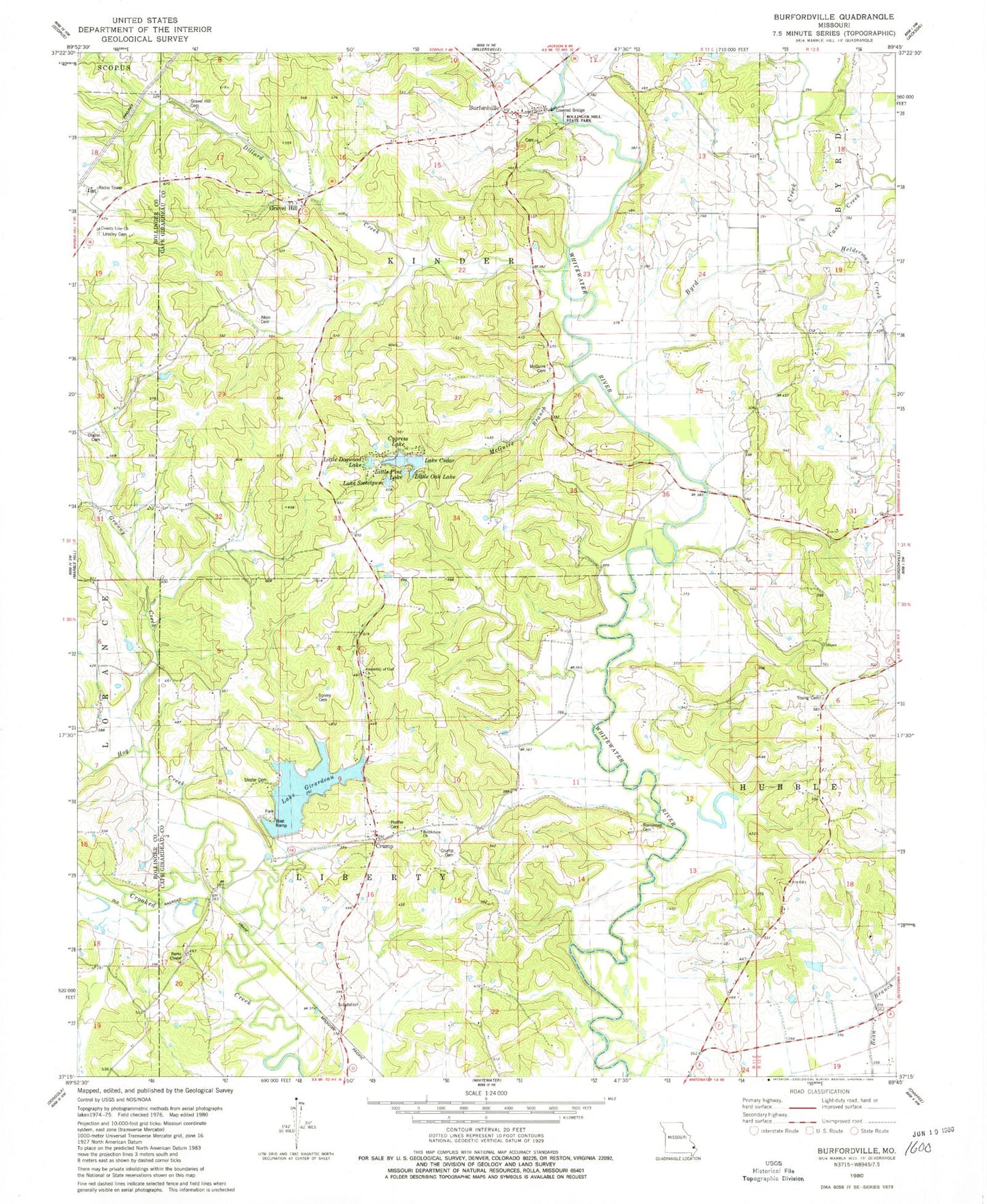 Classic USGS Burfordville Missouri 7.5'x7.5' Topo Map Image