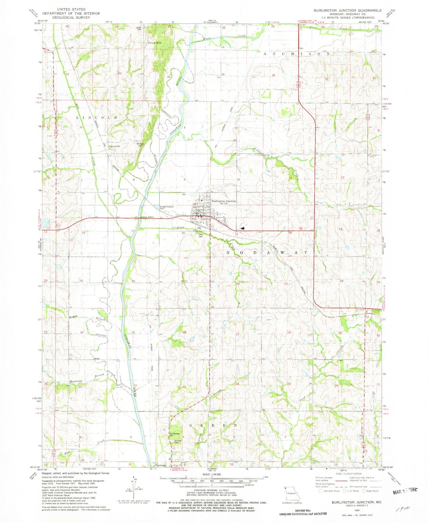 Classic USGS Burlington Junction Missouri 7.5'x7.5' Topo Map Image