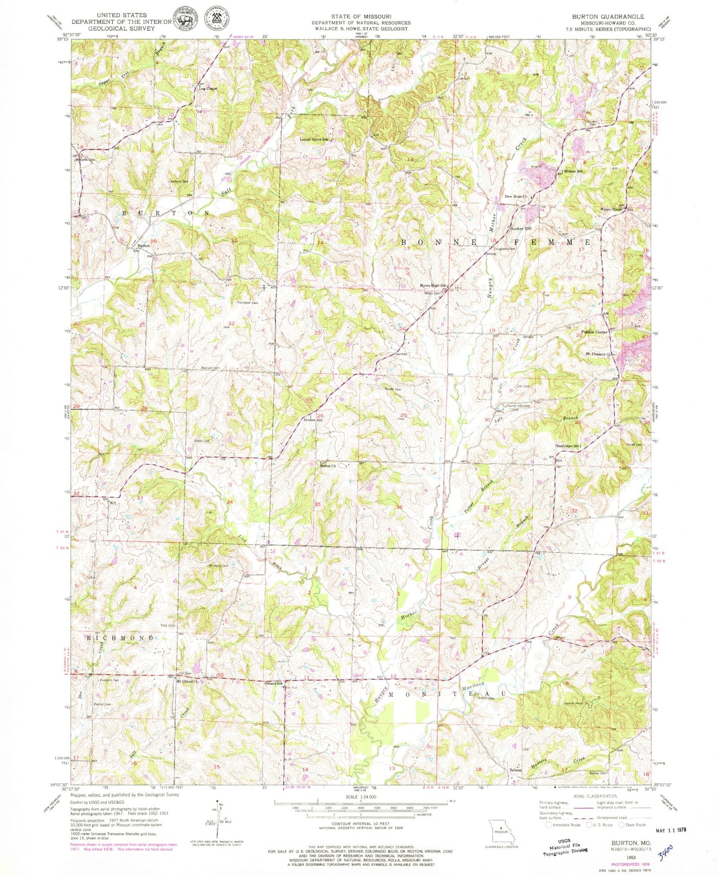 Classic USGS Burton Missouri 7.5'x7.5' Topo Map Image