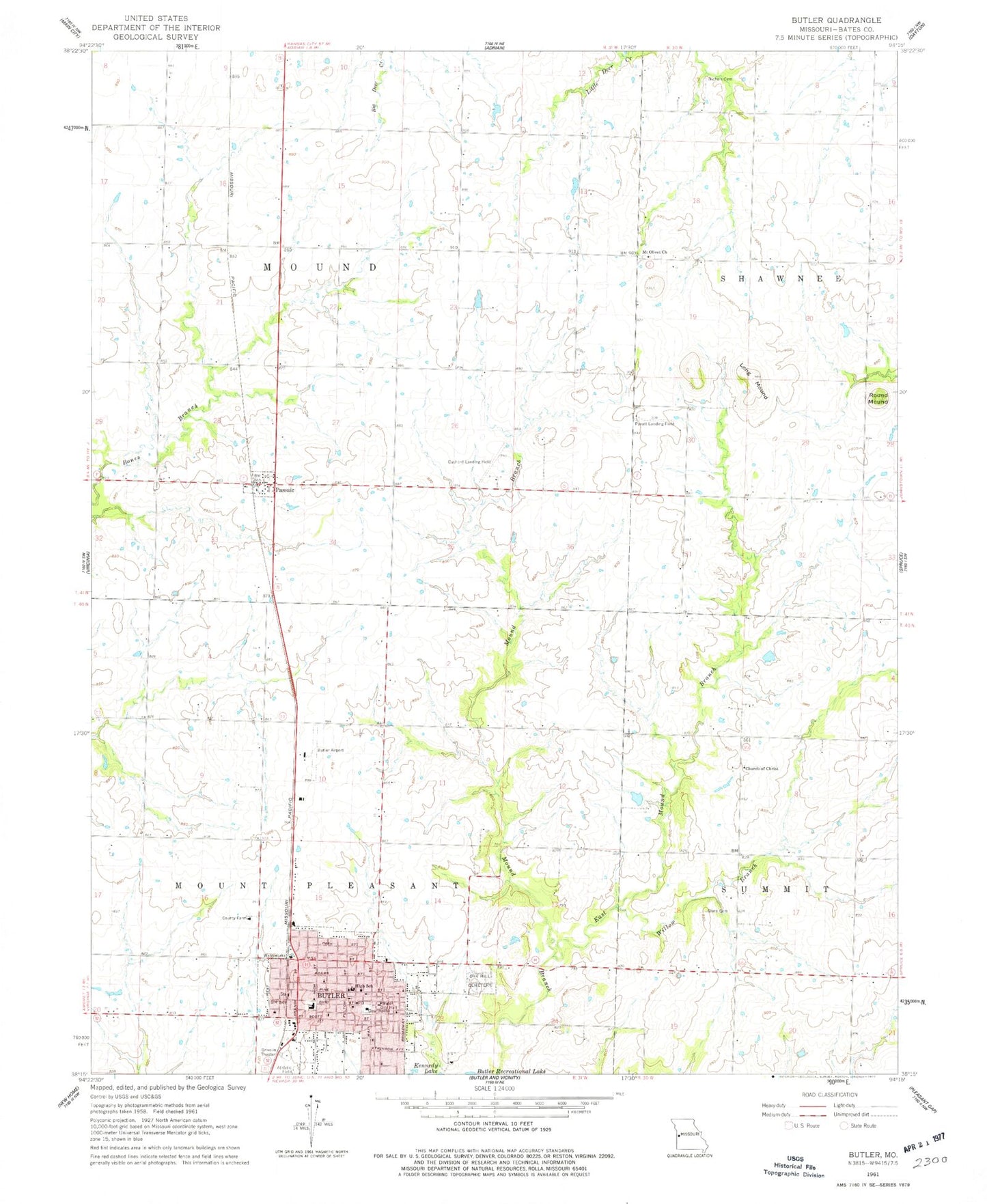 Classic USGS Butler Missouri 7.5'x7.5' Topo Map Image