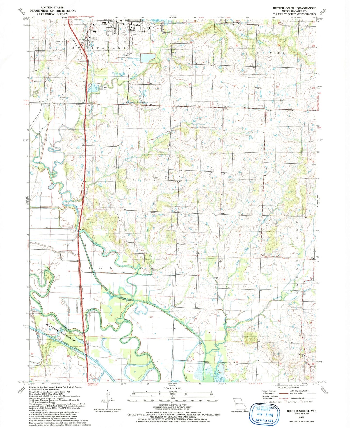 Classic USGS Butler South Missouri 7.5'x7.5' Topo Map Image