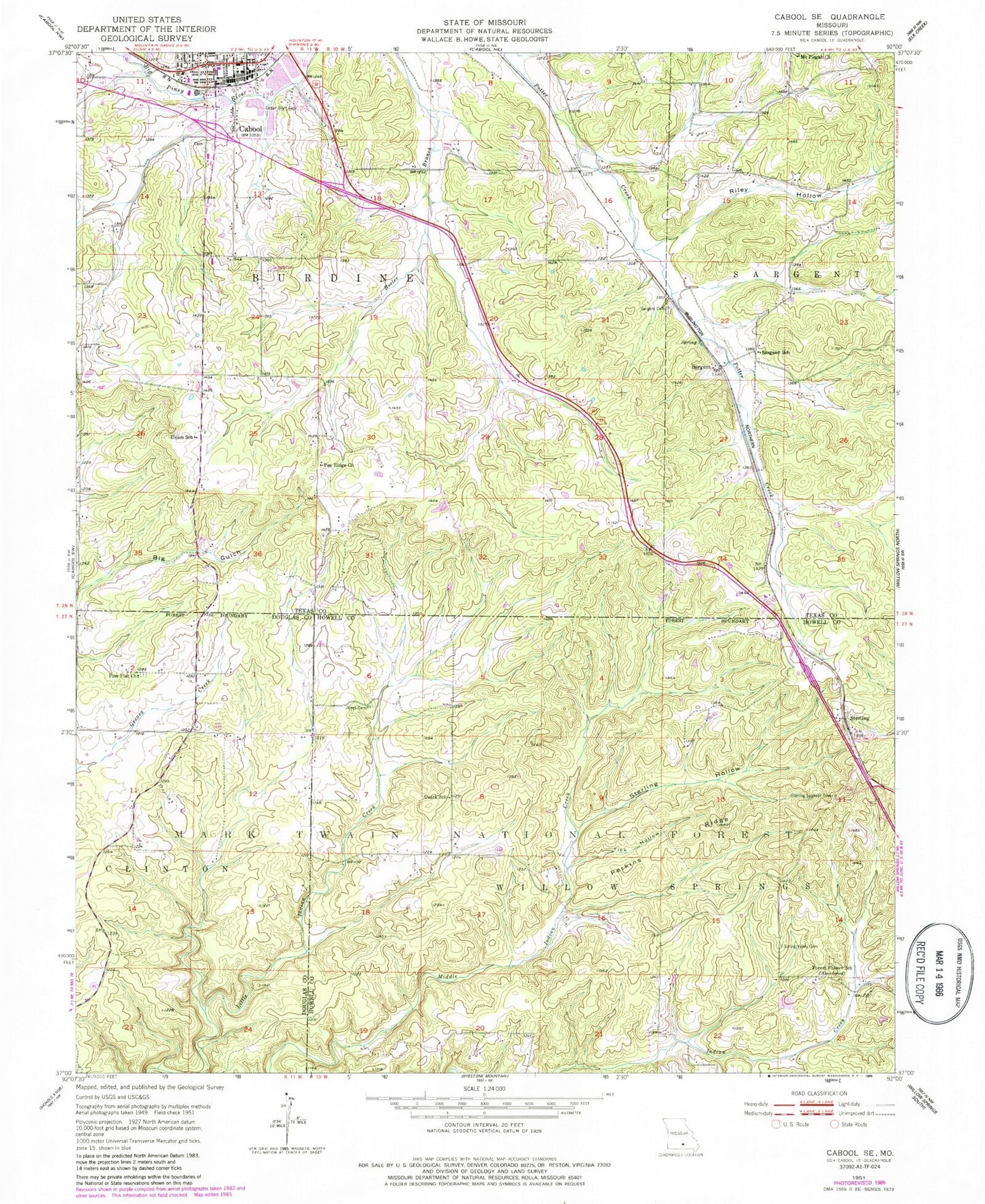 Classic USGS Cabool SE Missouri 7.5'x7.5' Topo Map Image