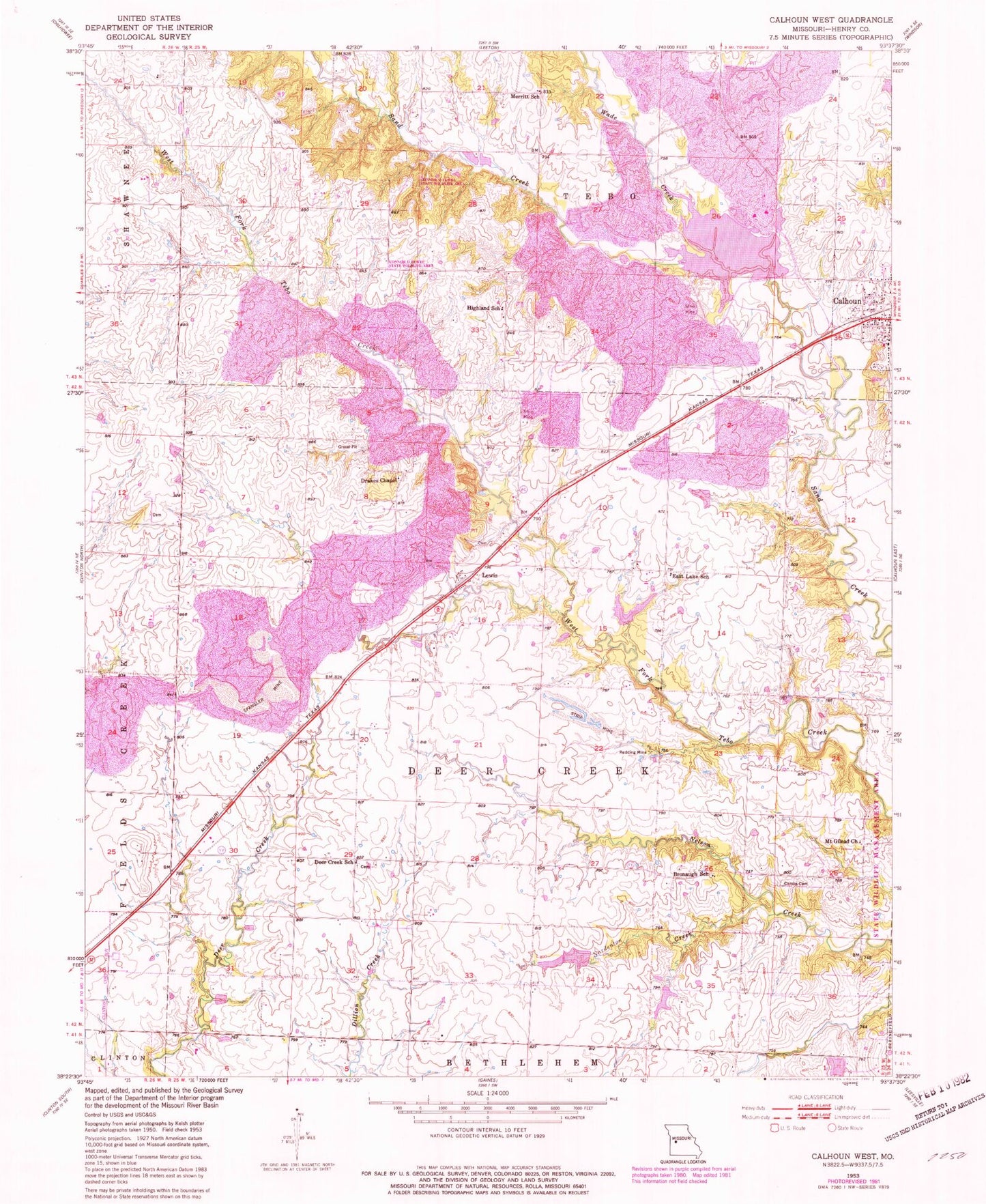 Classic USGS Calhoun West Missouri 7.5'x7.5' Topo Map Image