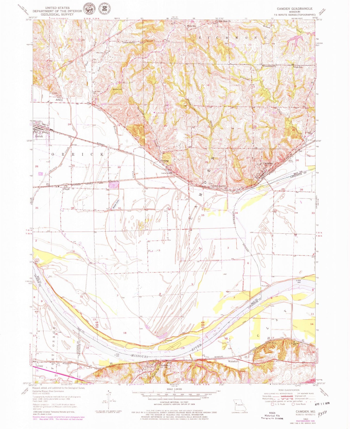 Classic USGS Camden Missouri 7.5'x7.5' Topo Map Image