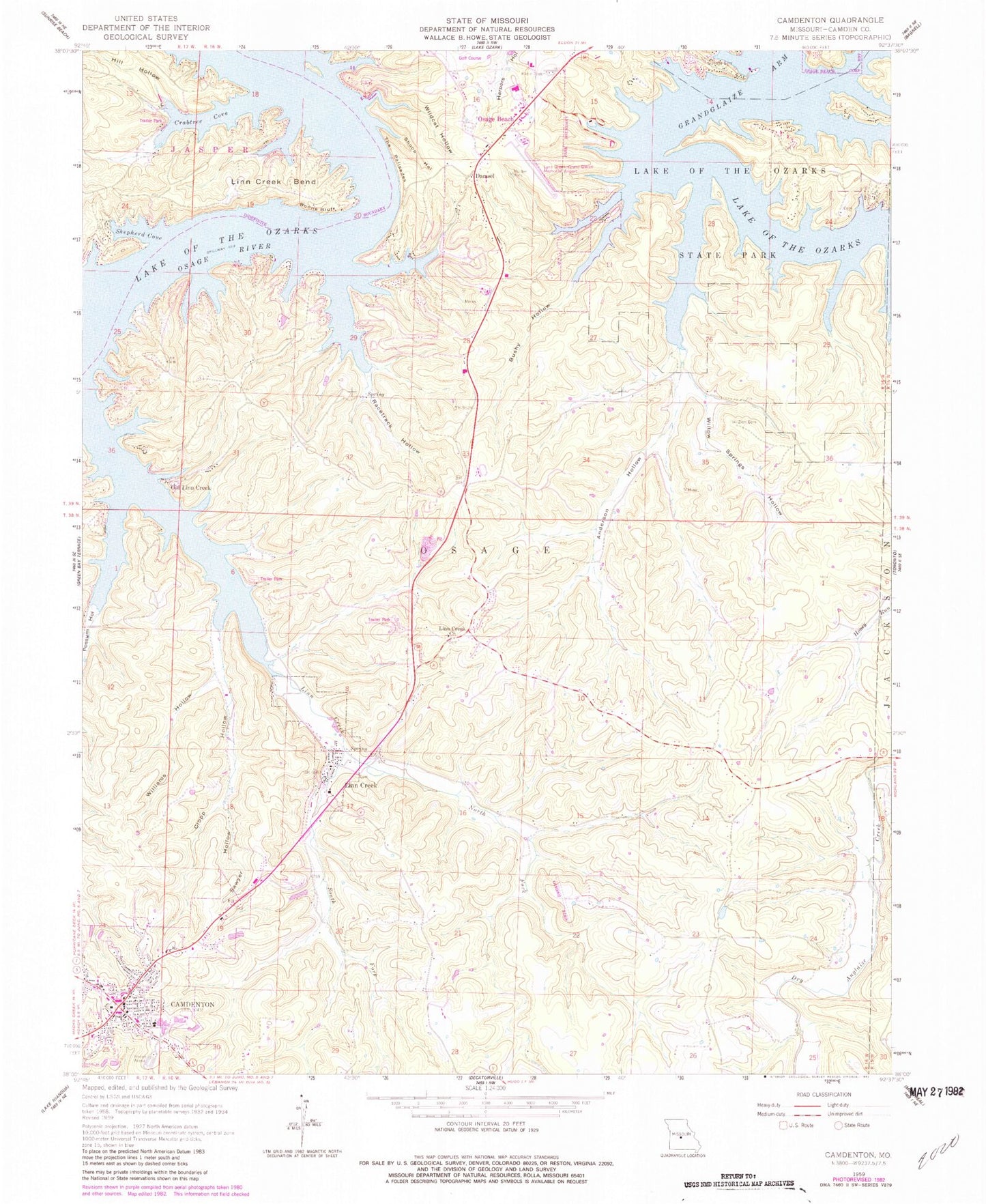 Classic USGS Camdenton Missouri 7.5'x7.5' Topo Map Image