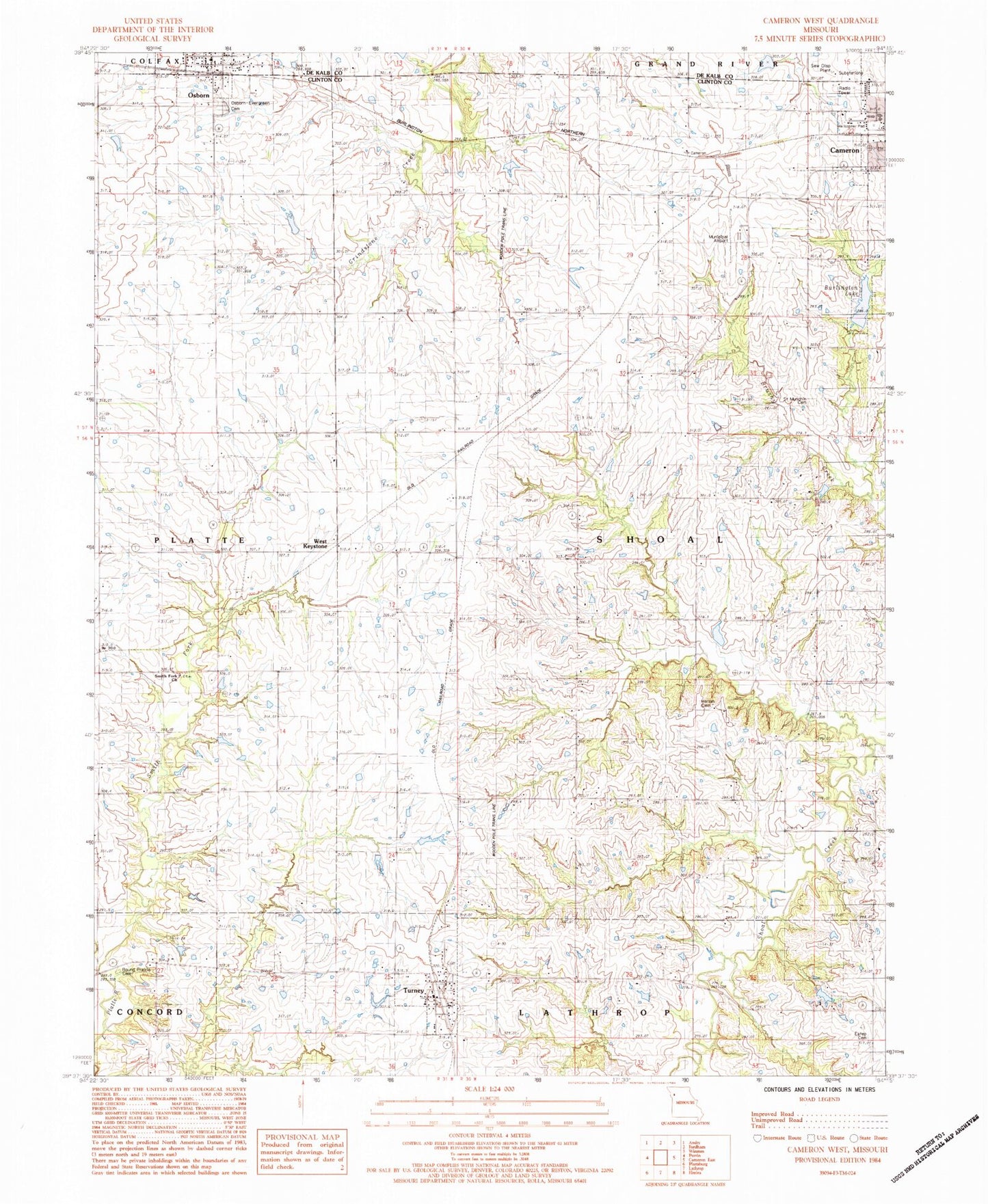 Classic USGS Cameron West Missouri 7.5'x7.5' Topo Map Image