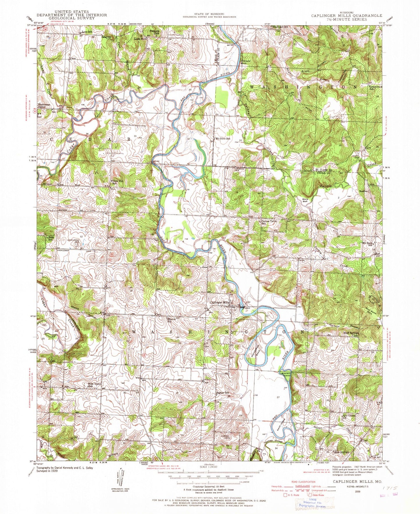 Classic USGS Caplinger Mills Missouri 7.5'x7.5' Topo Map Image