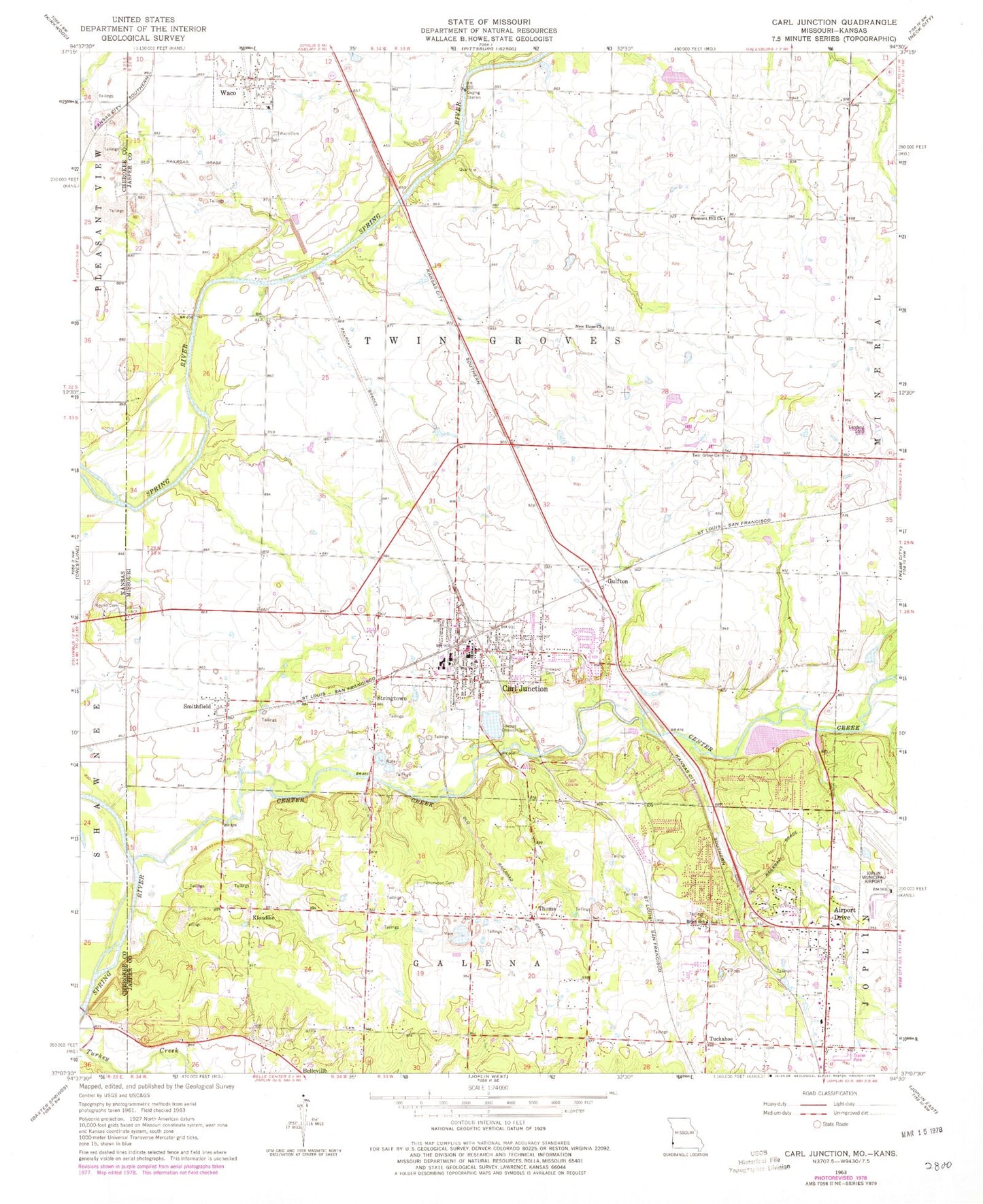 Classic USGS Carl Junction Missouri 7.5'x7.5' Topo Map Image