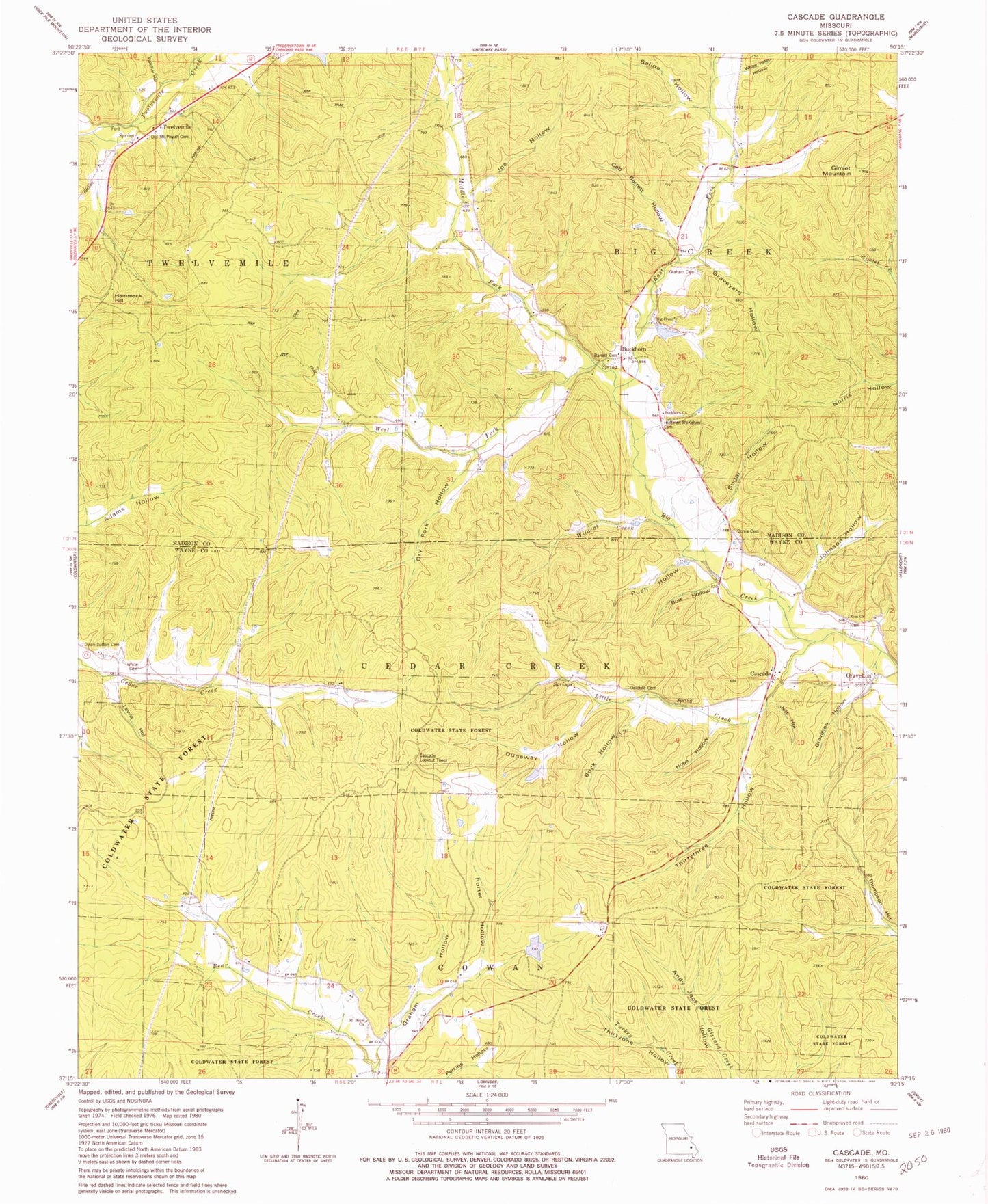 Classic USGS Cascade Missouri 7.5'x7.5' Topo Map Image