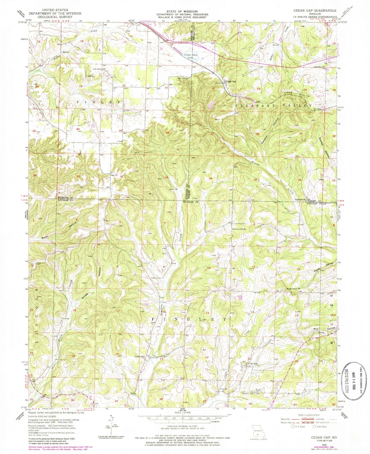 Classic USGS Cedar Gap Missouri 7.5'x7.5' Topo Map Image