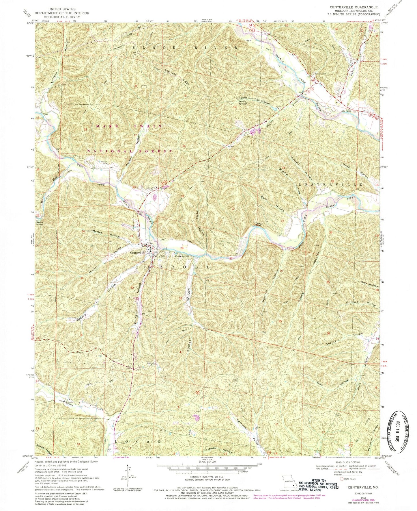 Classic USGS Centerville Missouri 7.5'x7.5' Topo Map Image