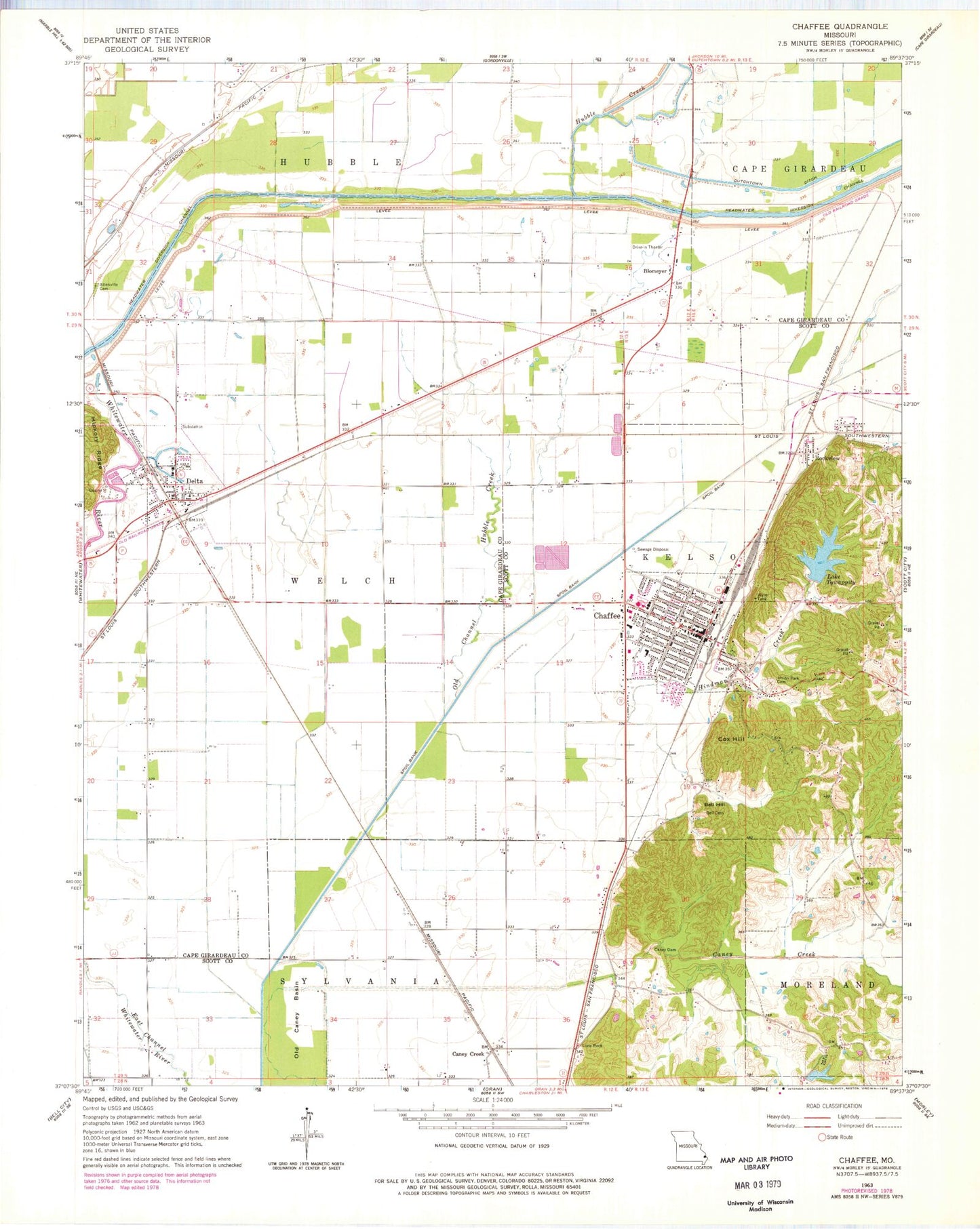 Classic USGS Chaffee Missouri 7.5'x7.5' Topo Map Image