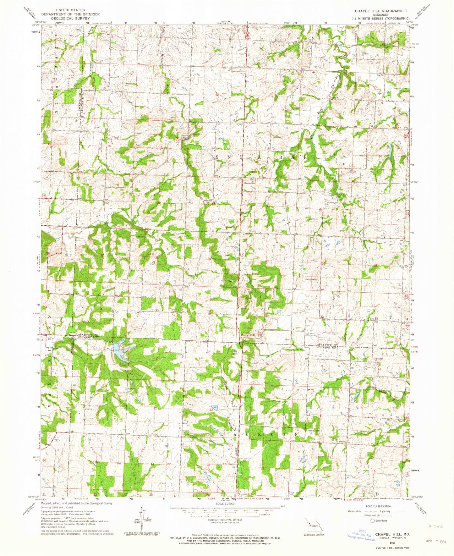 Classic USGS Chapel Hill Missouri 7.5'x7.5' Topo Map Image