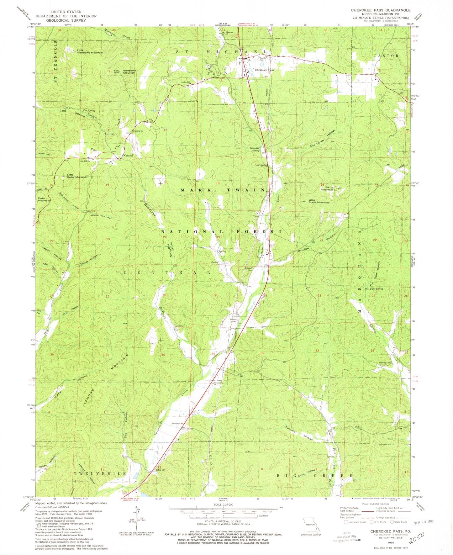 Classic USGS Cherokee Pass Missouri 7.5'x7.5' Topo Map Image